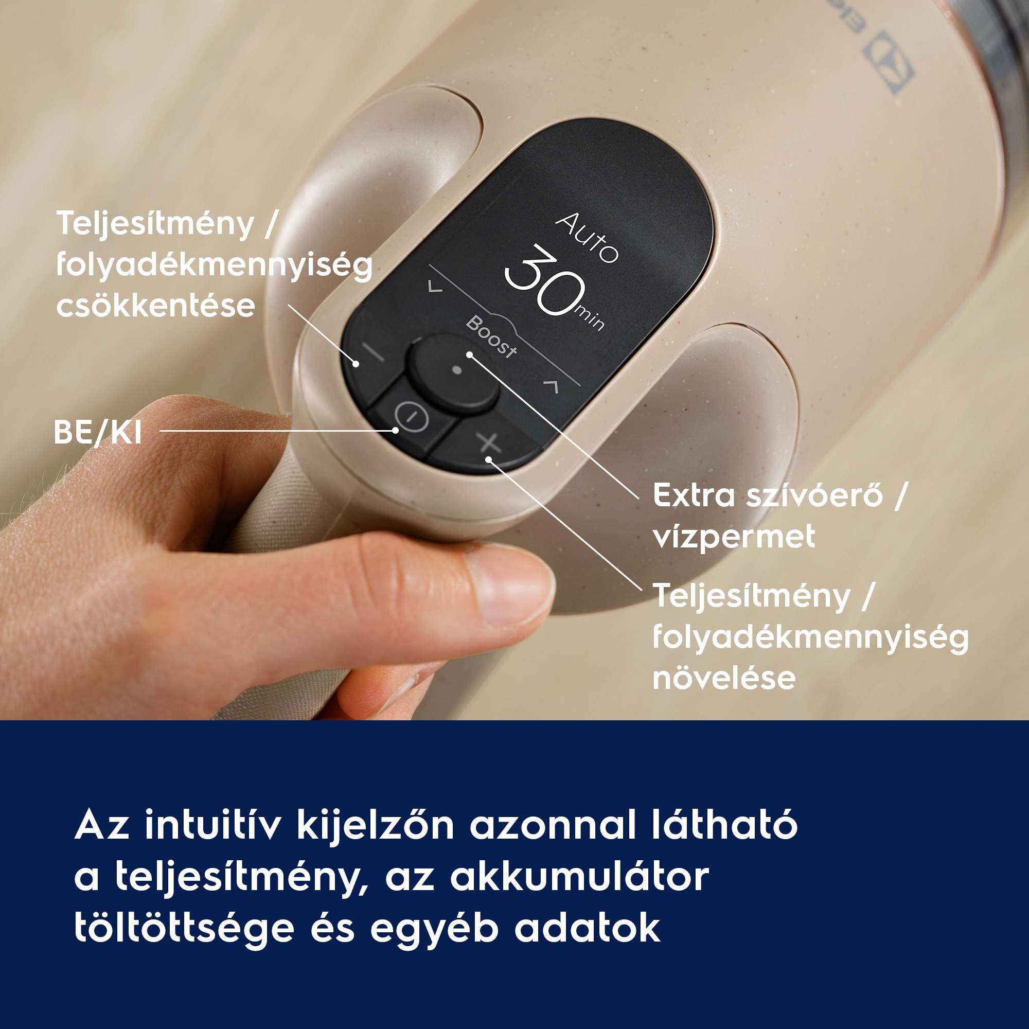 Az intuitív kijelzőn azonnal látható a teljesítmény, az akkumulátor töltöttsége és egyéb adatok      Teljesítmény / folyadékmennyiség csökkentése  BE/KI Extra szívóerő / vízpermet Teljesítmény / folyadékmennyiség növelése