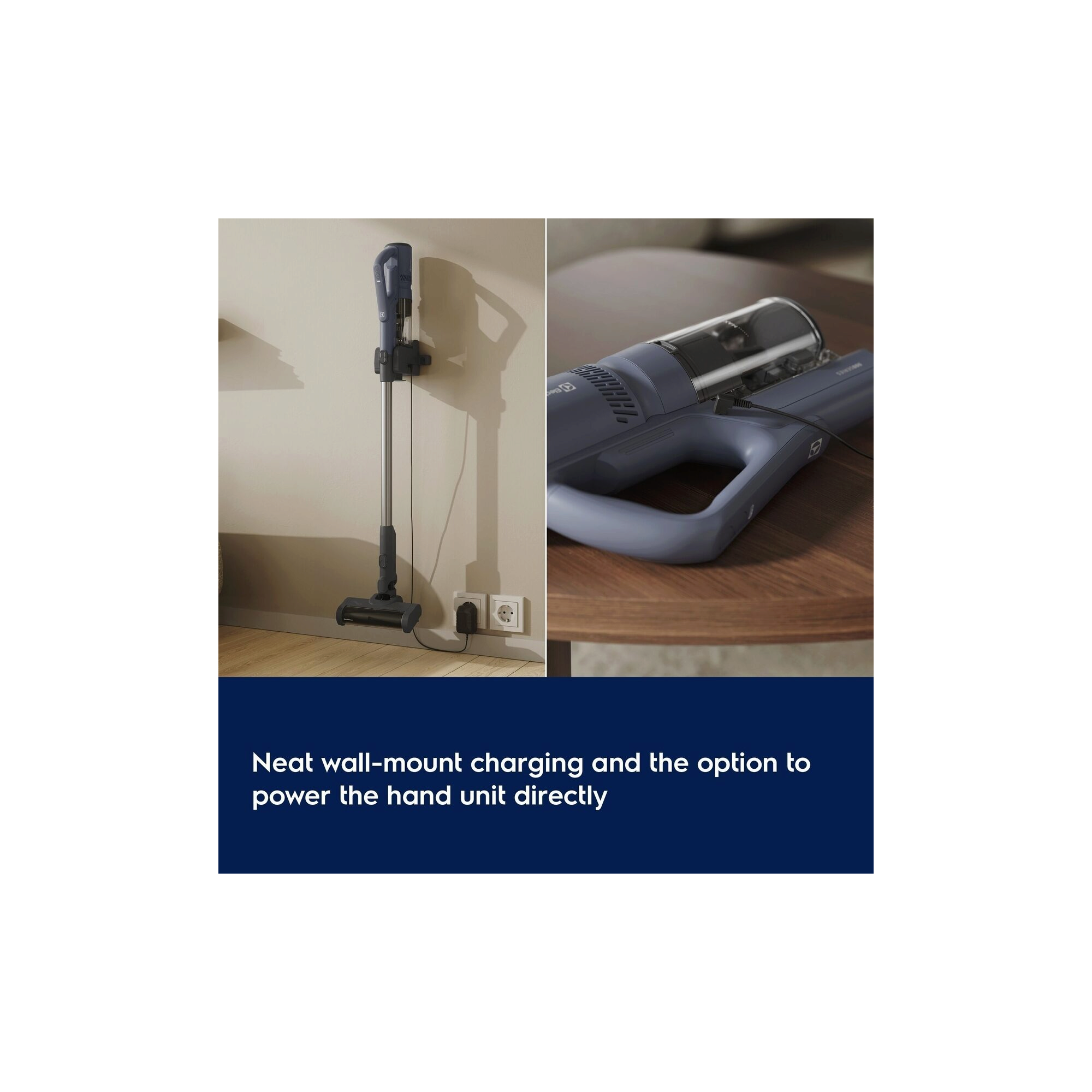 Sleek wall-mount with built-in and direct hand unit charging.