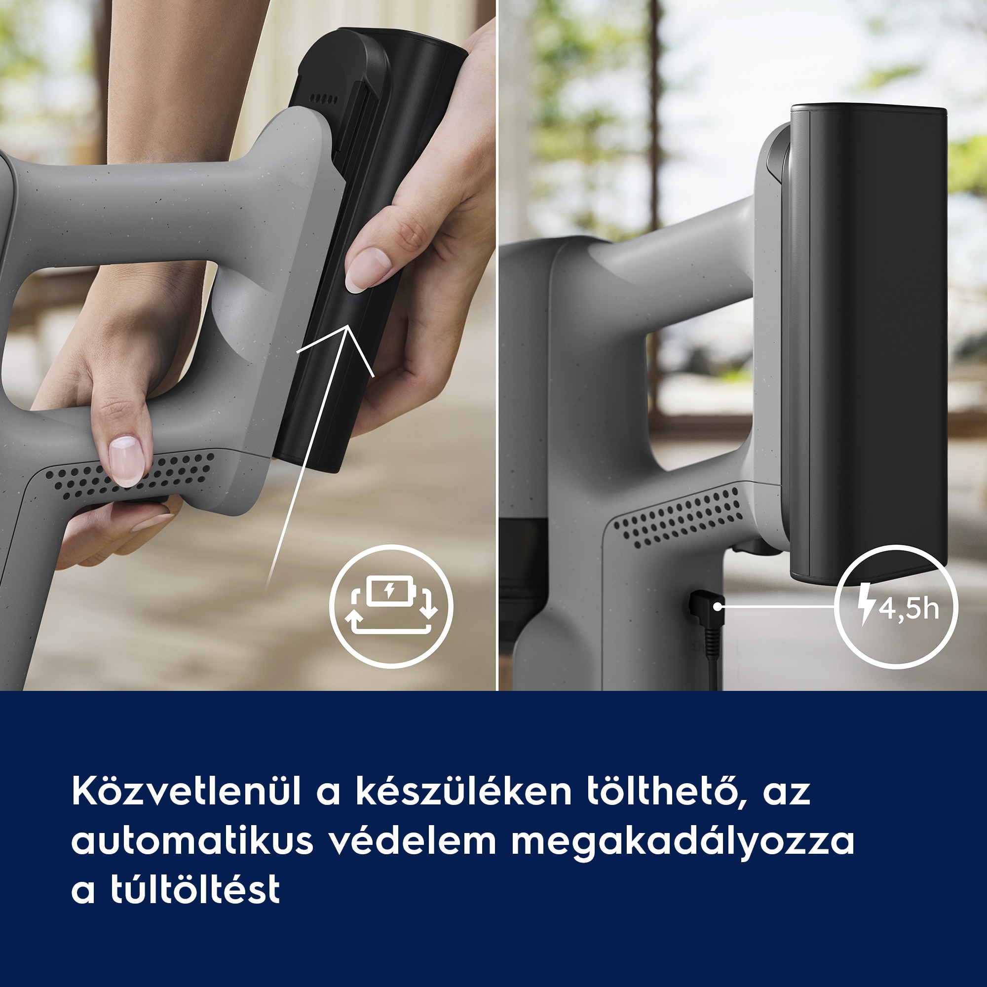 Közvetlenül a készüléken tölthető, az automatikus védelem megakadályozza a túltöltést