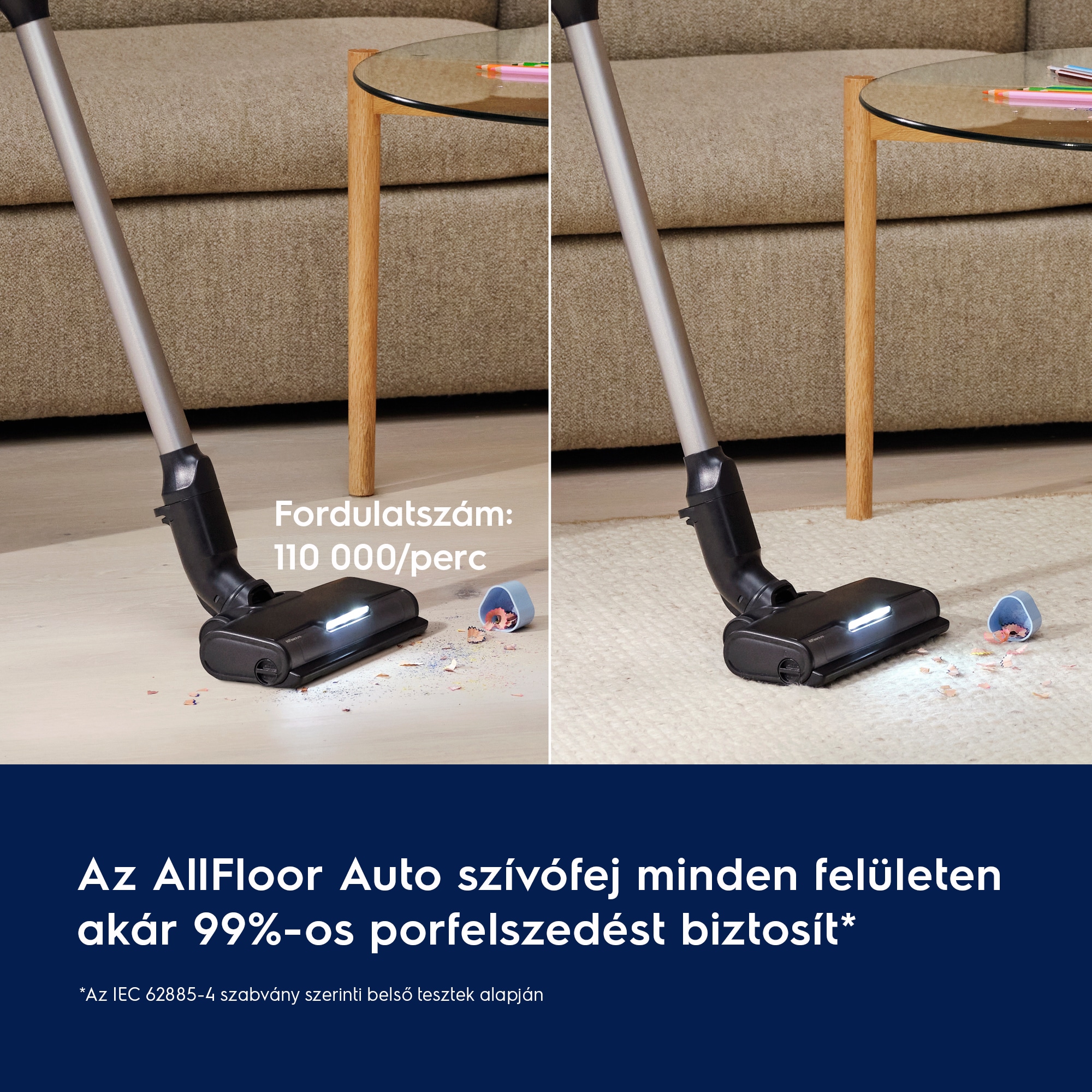 Az AllFloor Auto szívófej minden felületen akár 99%‑os porfelszedést biztosít*      *Az IEC 62885-4 szabvány szerinti belső tesztek alapján Fordulatszám: 110 000/perc