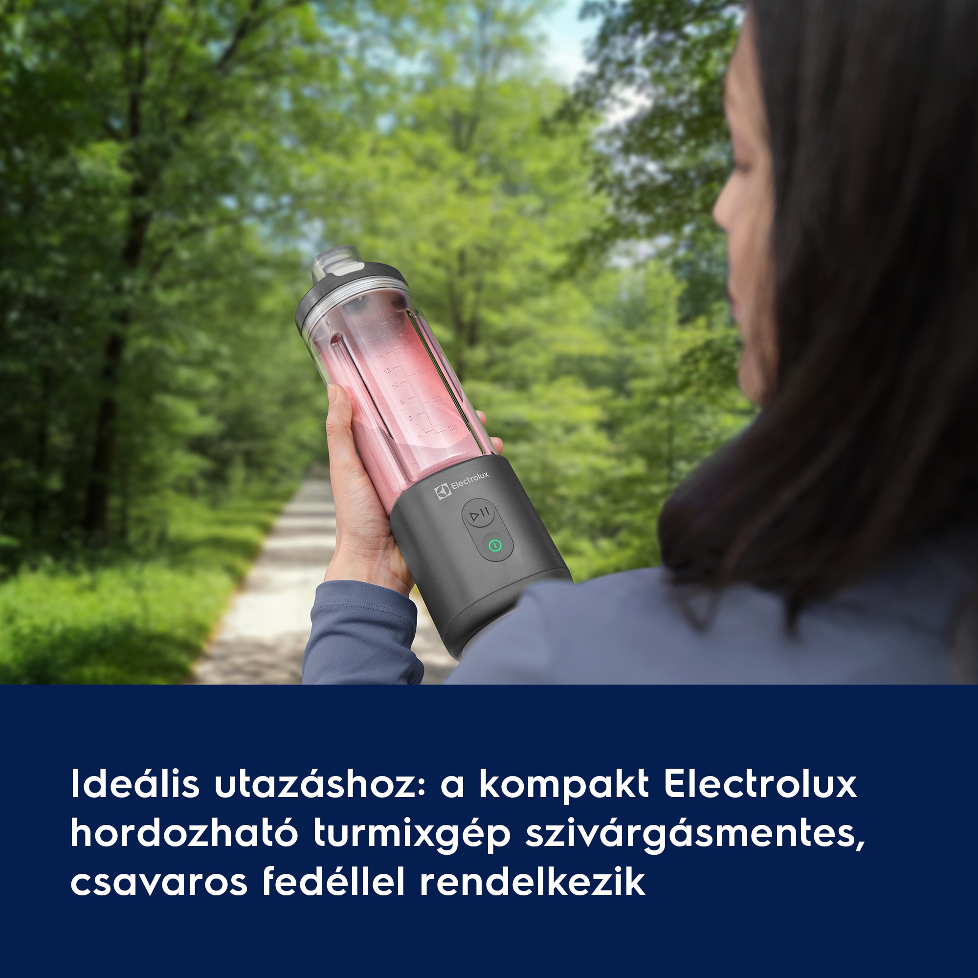 Ideális utazáshoz: a kompakt Electrolux hordozható turmixgép szivárgásmentes, csavaros fedéllel rendelkezik