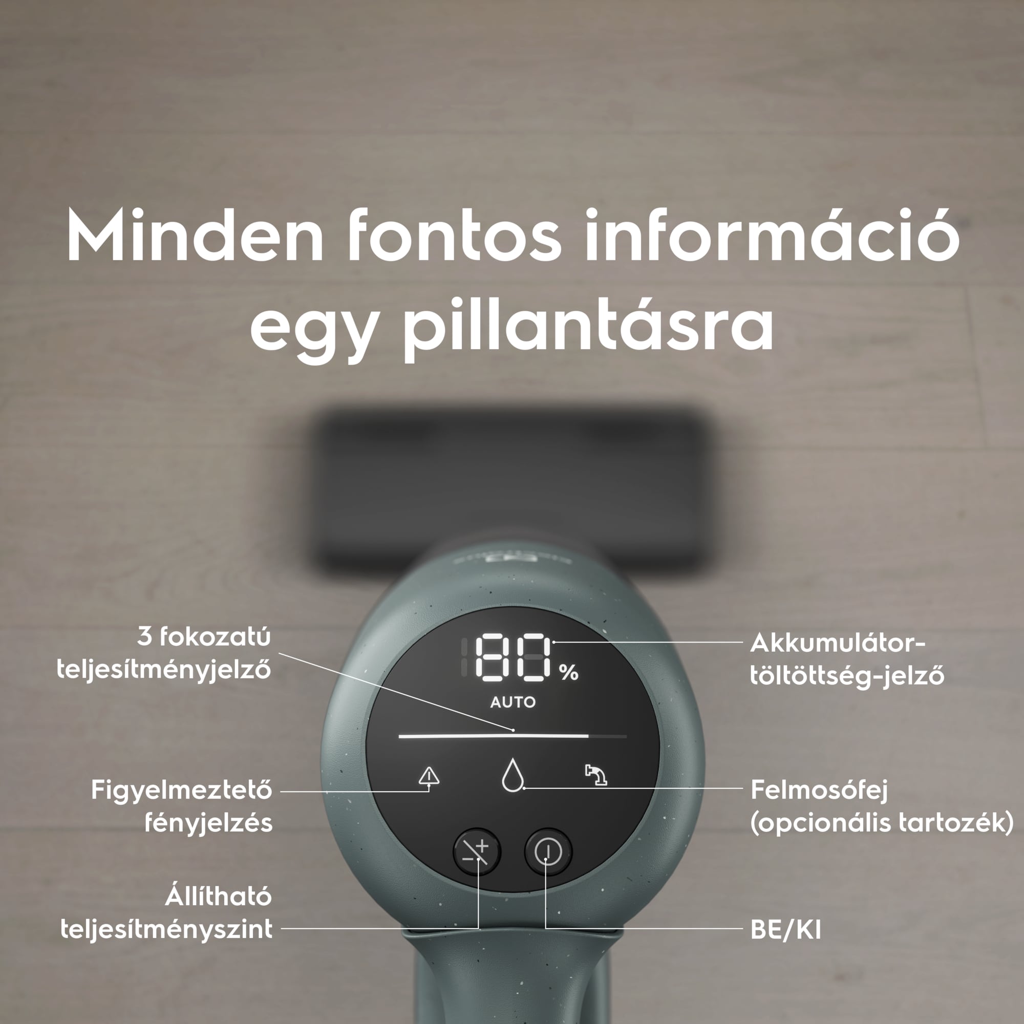 Minden fontos információ egy pillantásra       3 fokozatú teljesítményjelző Figyelmeztető fényjelzés  Állítható teljesítményszint Akkumulátortöltöttség-jelző Felmosófej (opcionális tartozék) BE/KI