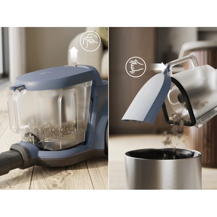 Vacuum cleaner with 2L dustbin designed for easy, spill-free emptying.