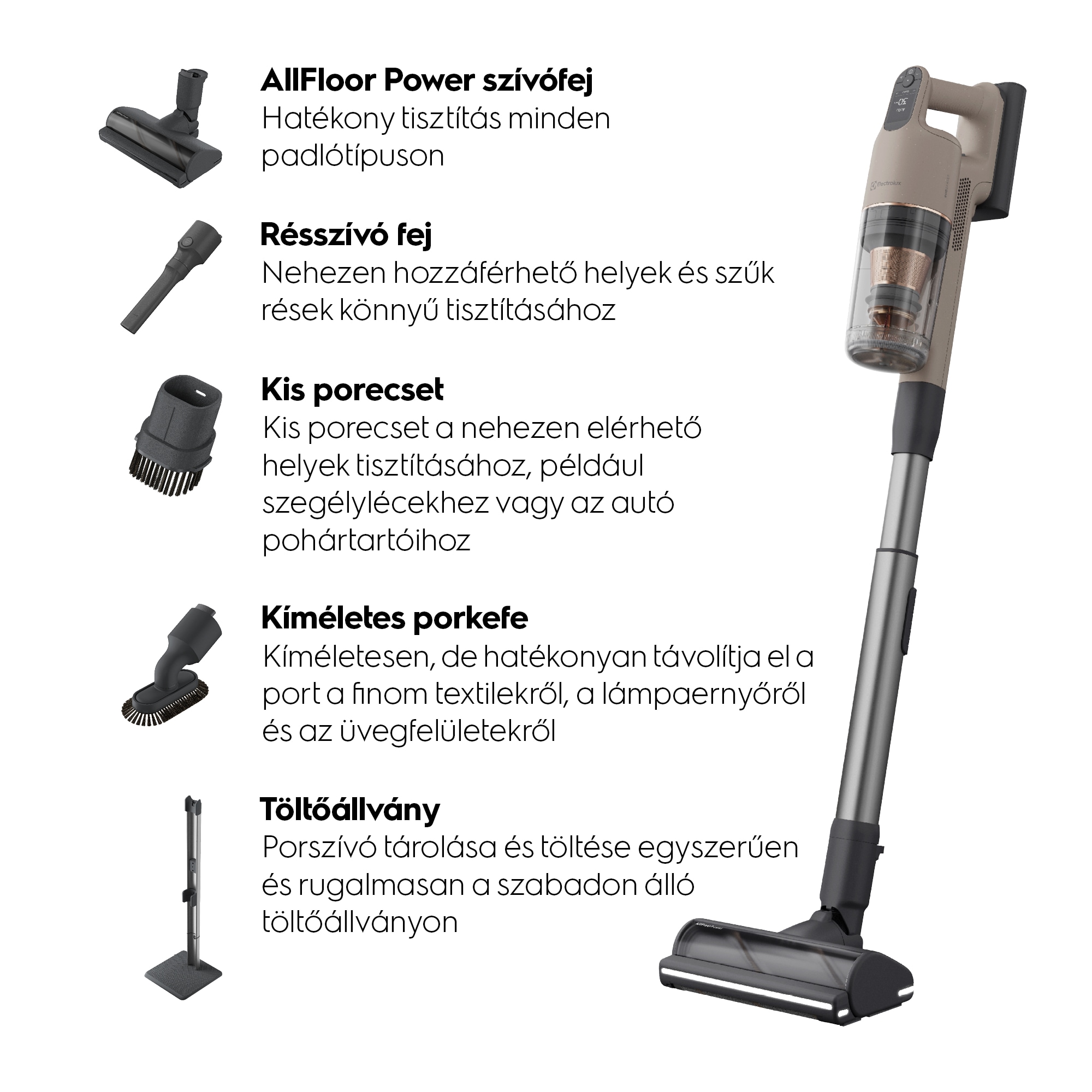 AllFloor Power szívófej  Hatékony tisztítás minden padlótípuson Résszívó fej Nehezen hozzáférhető helyek és szűk rések könnyű tisztításához Kis porecset Kis porecset a nehezen elérhető helyek tisztításához, például szegélylécekhez vagy az autó pohártartóihoz Kíméletes porkefe