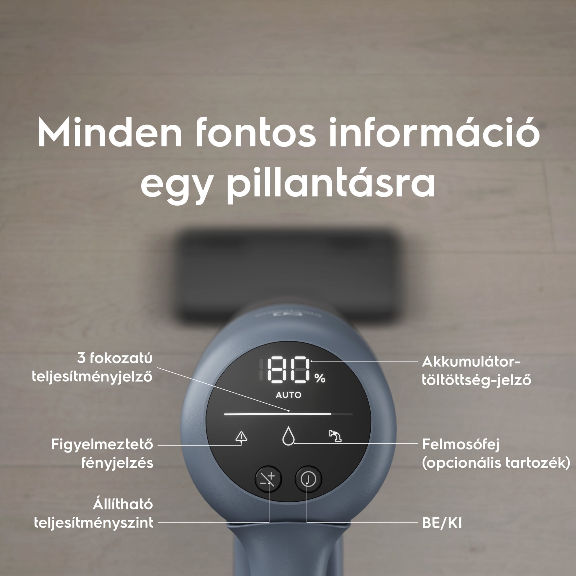 Minden fontos információ egy pillantásra       3 fokozatú teljesítményjelző Figyelmeztető fényjelzés  Állítható teljesítményszint Akkumulátortöltöttség-jelző Felmosófej (opcionális tartozék) BE/KI