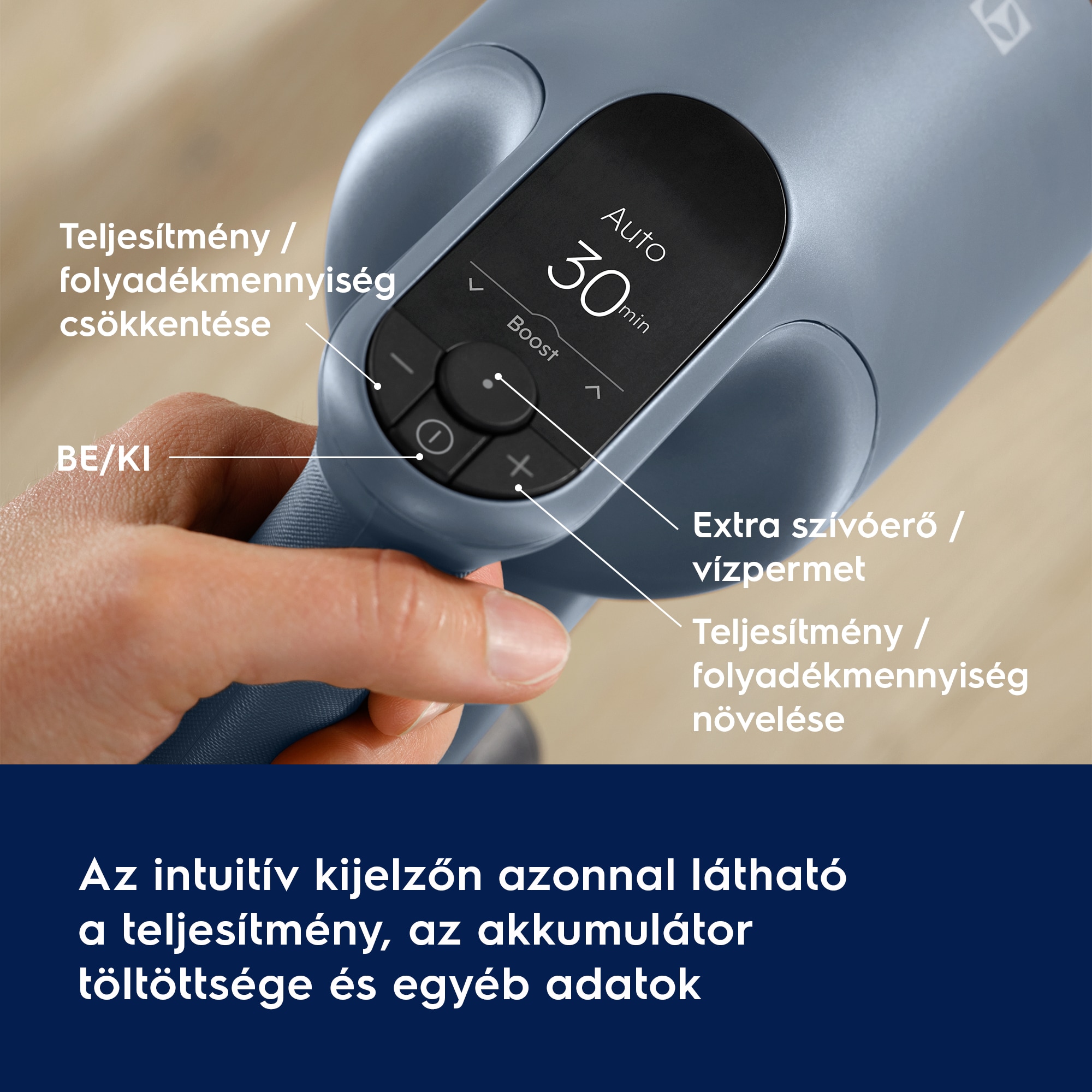 Az intuitív kijelzőn azonnal látható a teljesítmény, az akkumulátor töltöttsége és egyéb adatok      Teljesítmény / folyadékmennyiség csökkentése  BE/KI Extra szívóerő / vízpermet Teljesítmény / folyadékmennyiség növelése