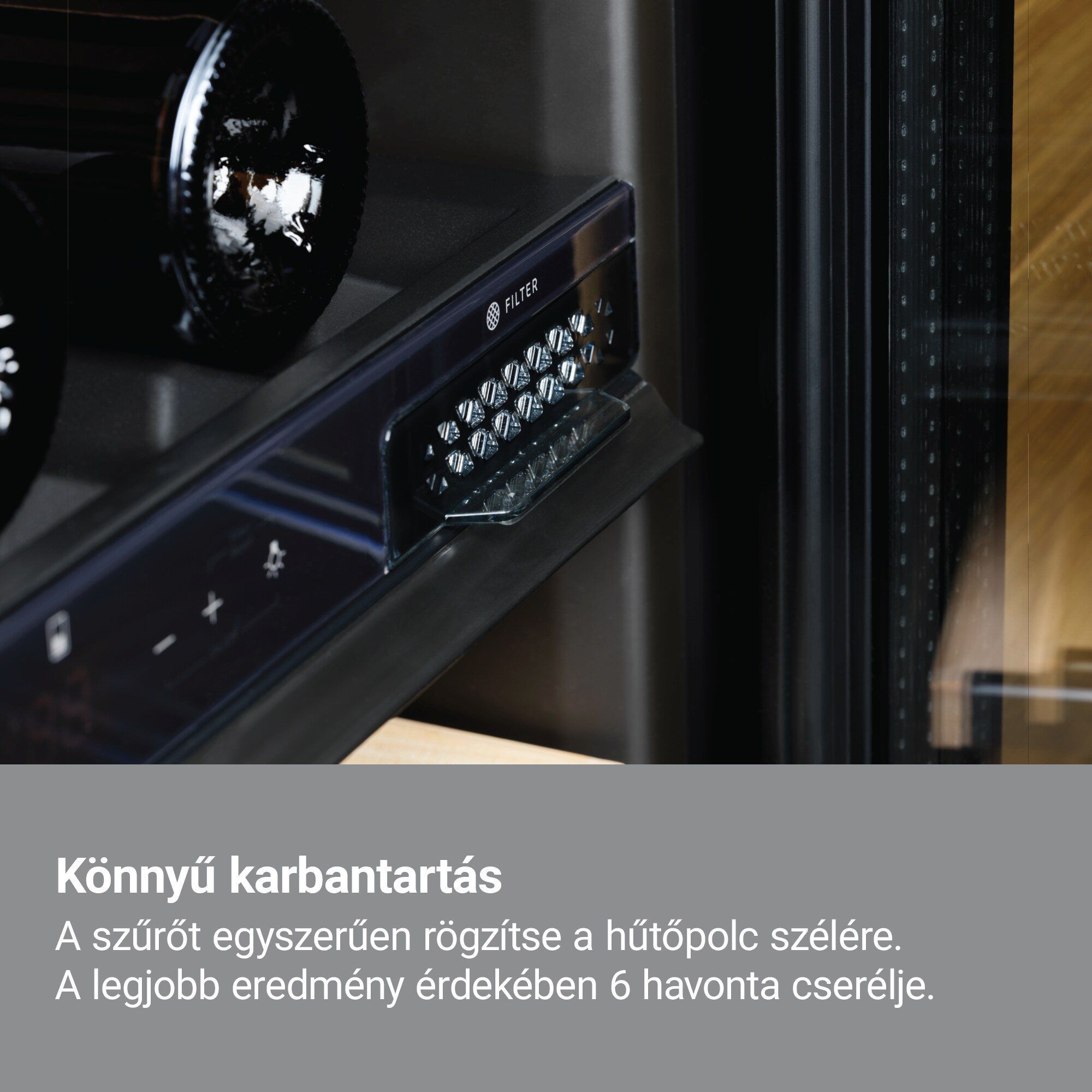 Könnyű karbantartás Egyszerűen rögzítse a hűtőpolc szélére. A legjobb eredmény érdekében cserélje a szűrőt 6 havonta