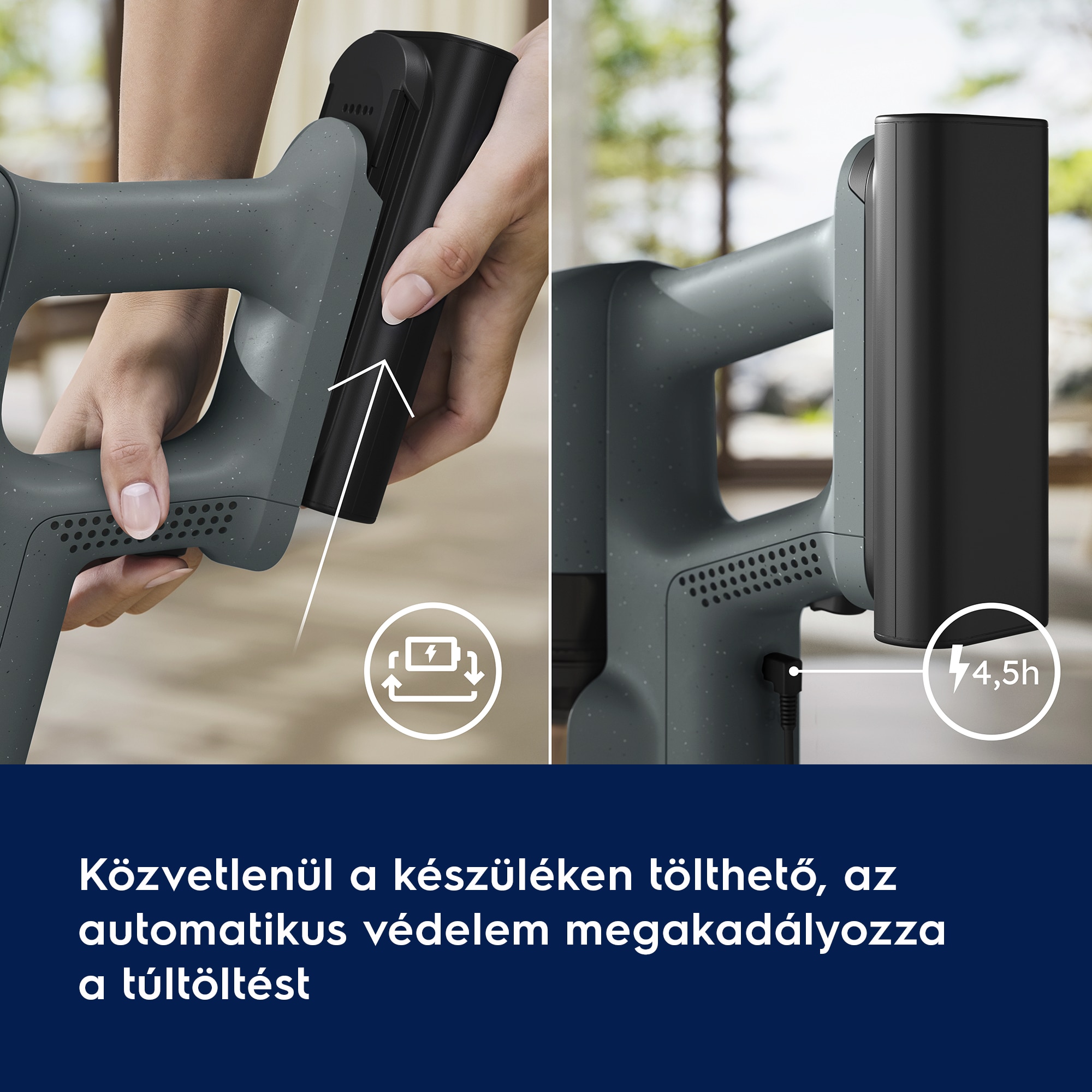 Közvetlenül a készüléken tölthető, az automatikus védelem megakadályozza a túltöltést