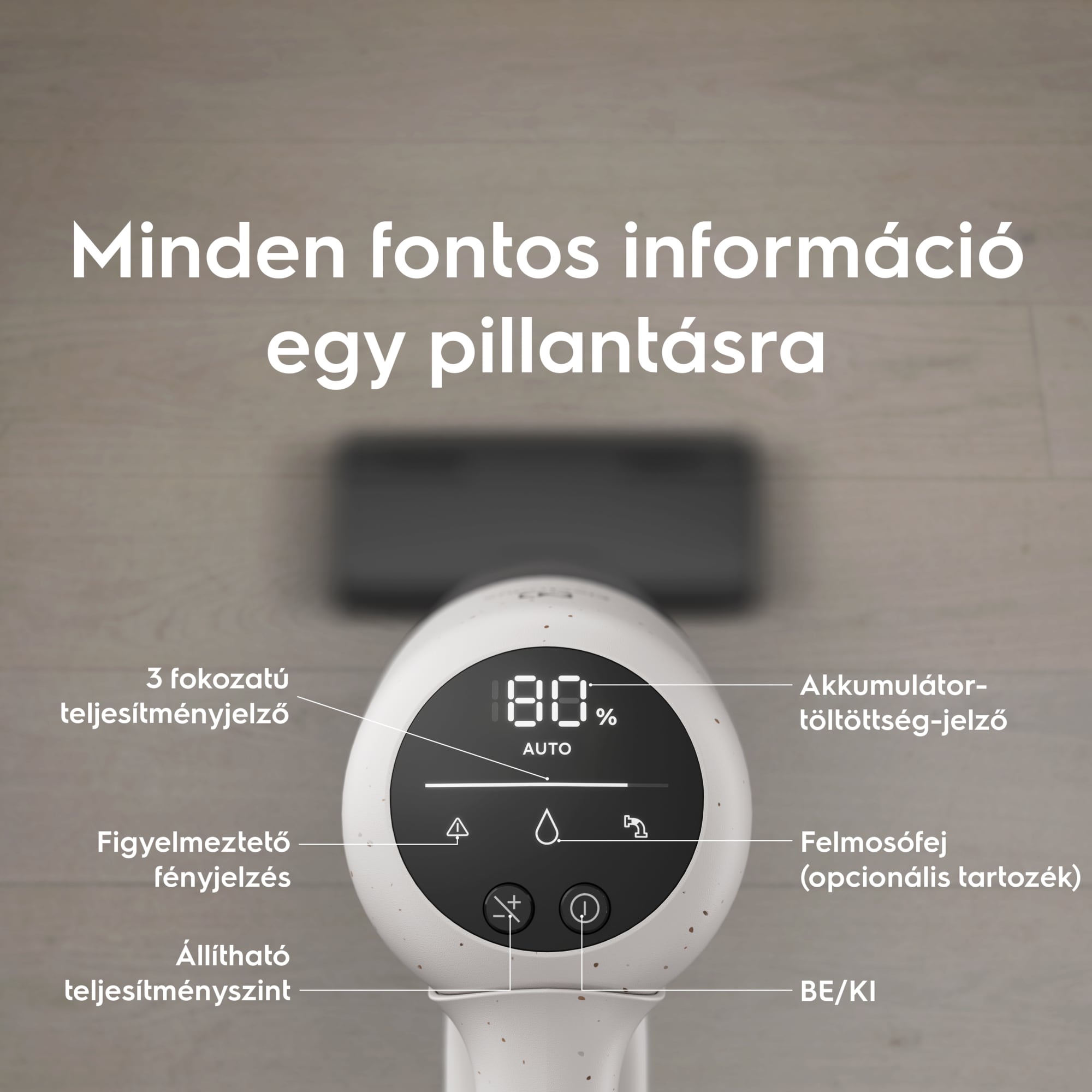 Minden fontos információ egy pillantásra       3 fokozatú teljesítményjelző Figyelmeztető fényjelzés  Állítható teljesítményszint Akkumulátortöltöttség-jelző Felmosófej (opcionális tartozék) BE/KI