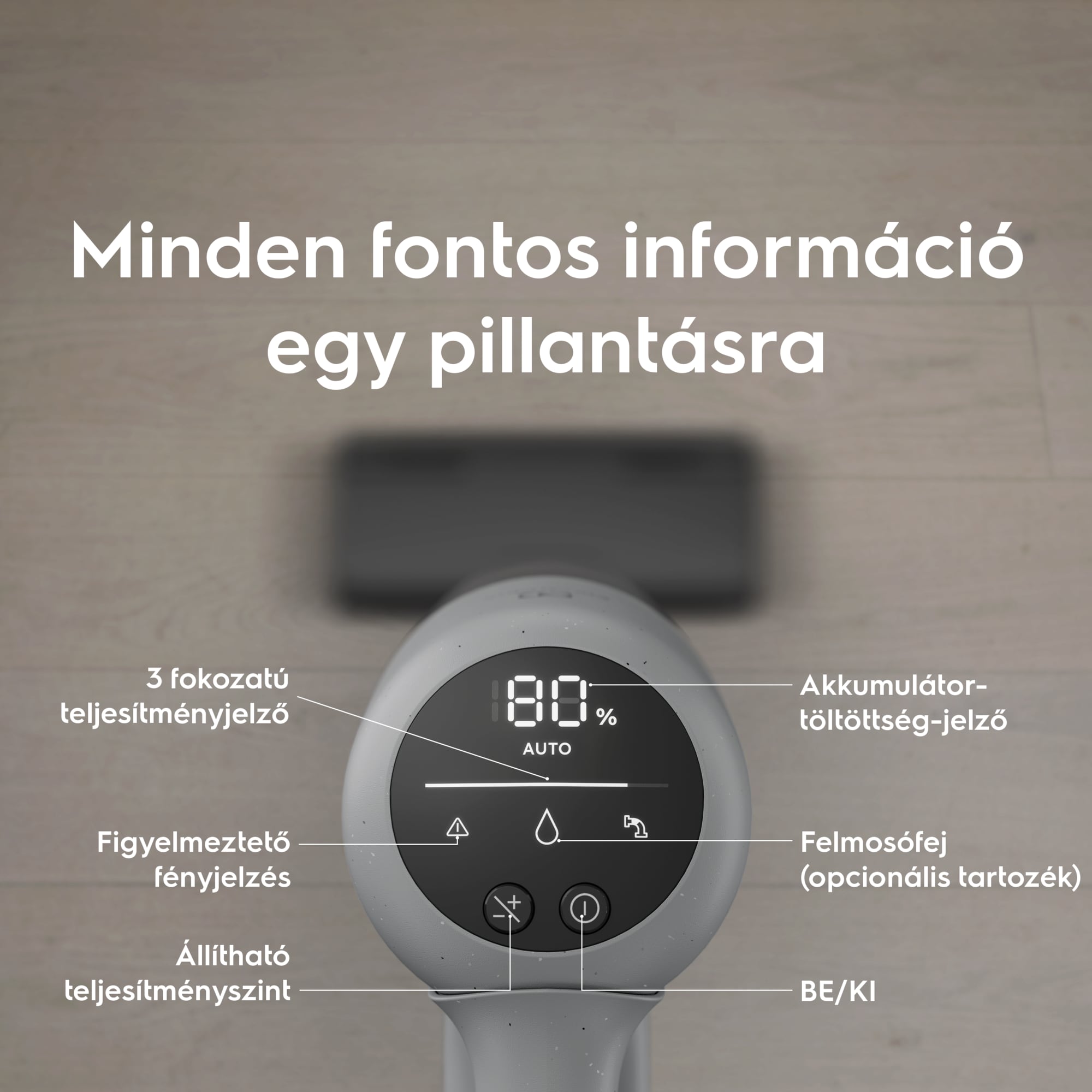 Minden fontos információ egy pillantásra       3 fokozatú teljesítményjelző Figyelmeztető fényjelzés  Állítható teljesítményszint Akkumulátortöltöttség-jelző Felmosófej (opcionális tartozék) BE/KI