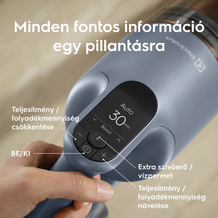 Minden fontos információ egy pillantásra       Teljesítmény / folyadékmennyiség csökkentése  BE/KI Extra szívóerő / vízpermet Teljesítmény / folyadékmennyiség növelése