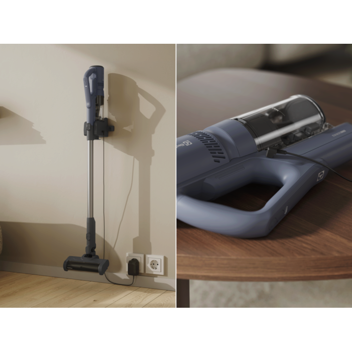 Sleek wall-mount with built-in and direct hand unit charging.