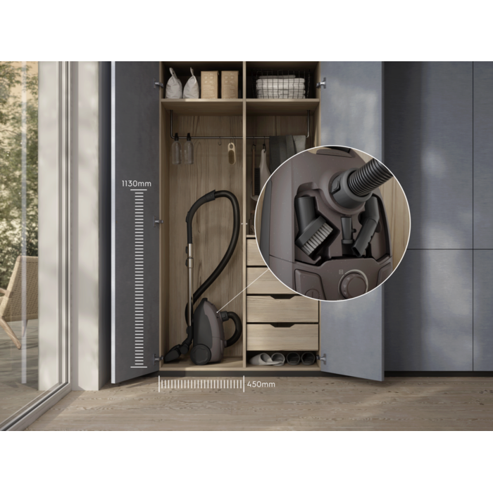 Compact design that’s easy to store, with on-board accessories kept within reach.