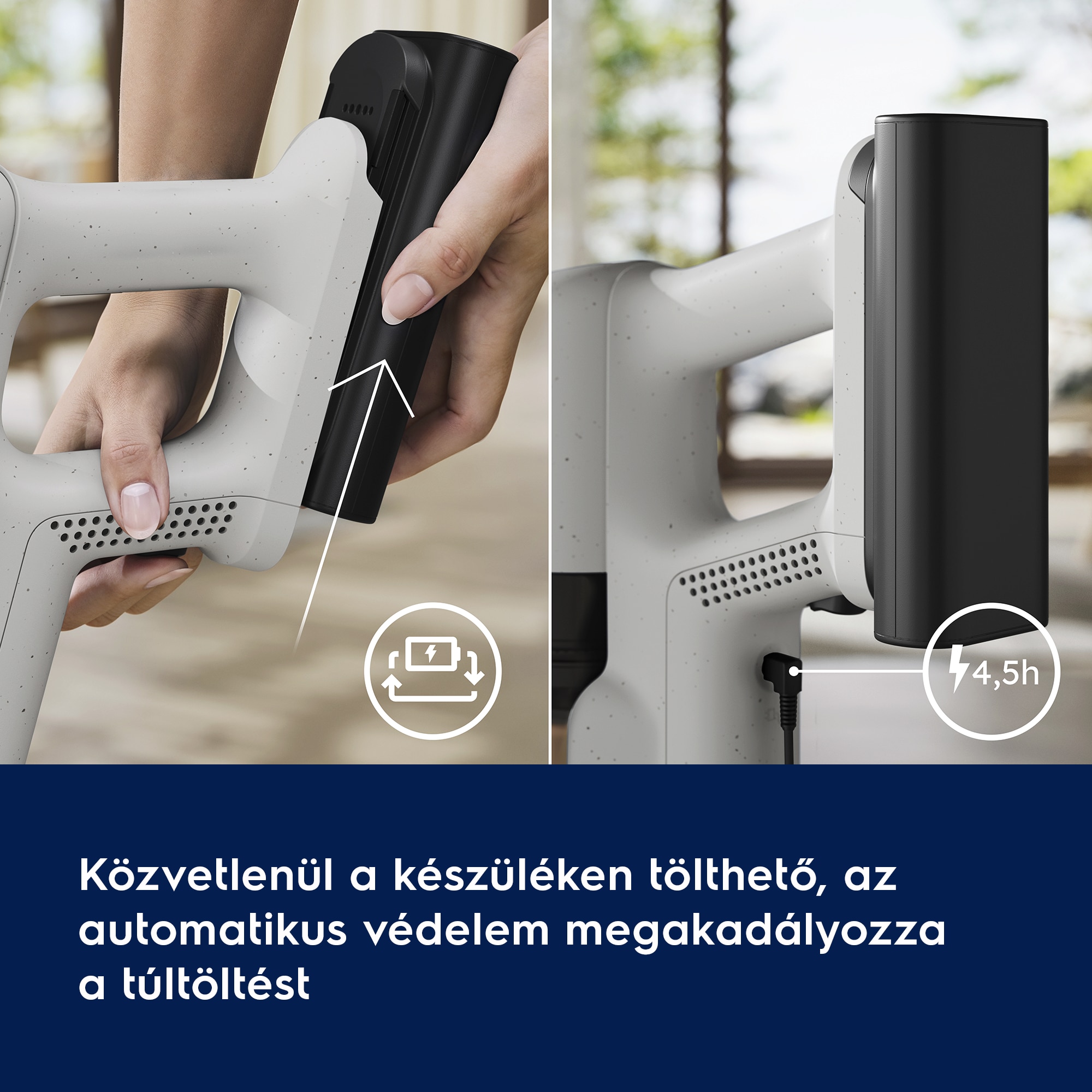 Közvetlenül a készüléken tölthető, az automatikus védelem megakadályozza a túltöltést