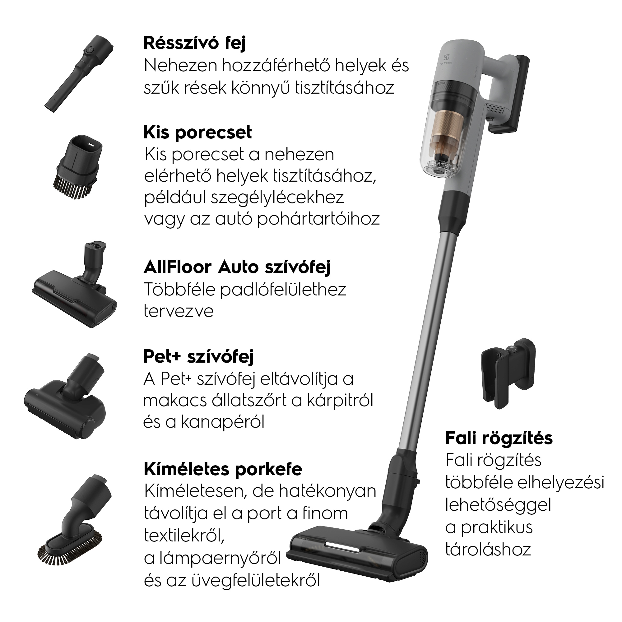 Résszívó fej Nehezen hozzáférhető helyek és szűk rések könnyű tisztításához Kis porecset Kis porecset a nehezen elérhető helyek tisztításához, például szegélylécekhez vagy az autó pohártartóihoz AllFloor Auto szívófej Többféle padlófelülethez tervezve Pet+ szívófej