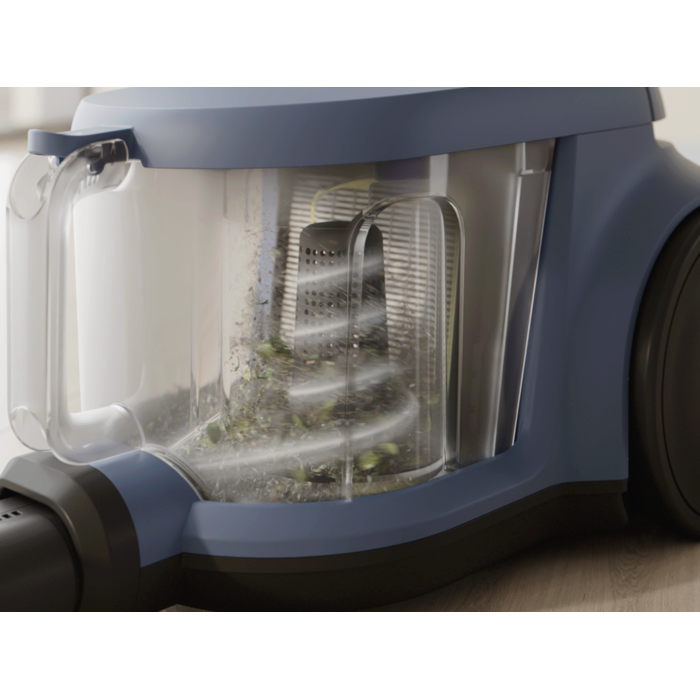 Vacuum cleaner with cyclone separator for efficient cleaning with less frequent bin emptying.*Based on internal test according to IEC 62885-2 edition 2.0.5.1.5, 10 & 5.12