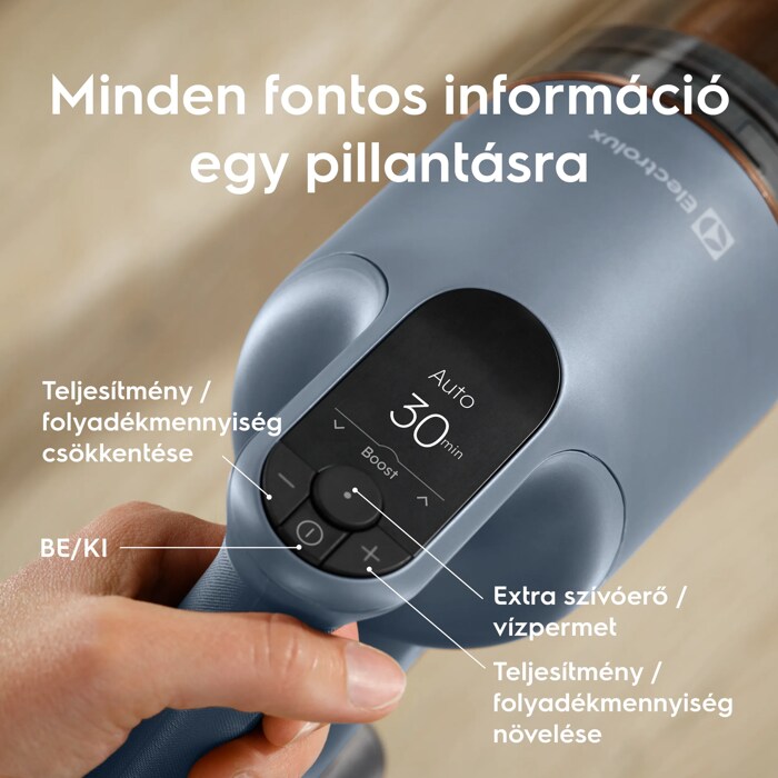 Minden fontos információ egy pillantásra       Teljesítmény / folyadékmennyiség csökkentése  BE/KI Extra szívóerő / vízpermet Teljesítmény / folyadékmennyiség növelése