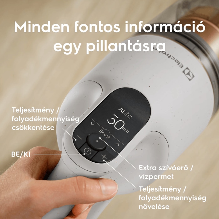 Minden fontos információ egy pillantásra       Teljesítmény / folyadékmennyiség csökkentése  BE/KI Extra szívóerő / vízpermet Teljesítmény / folyadékmennyiség növelése
