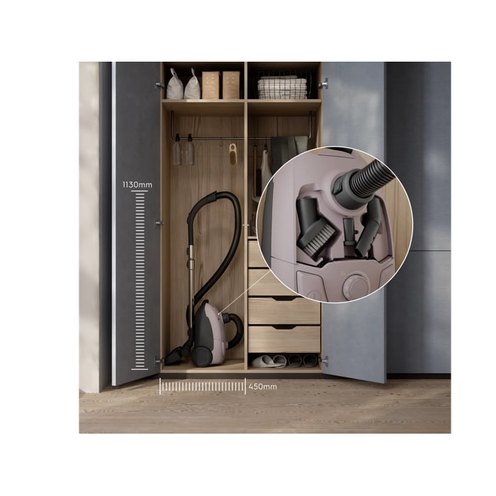 Compact design that’s easy to store, with on-board accessories kept within reach.