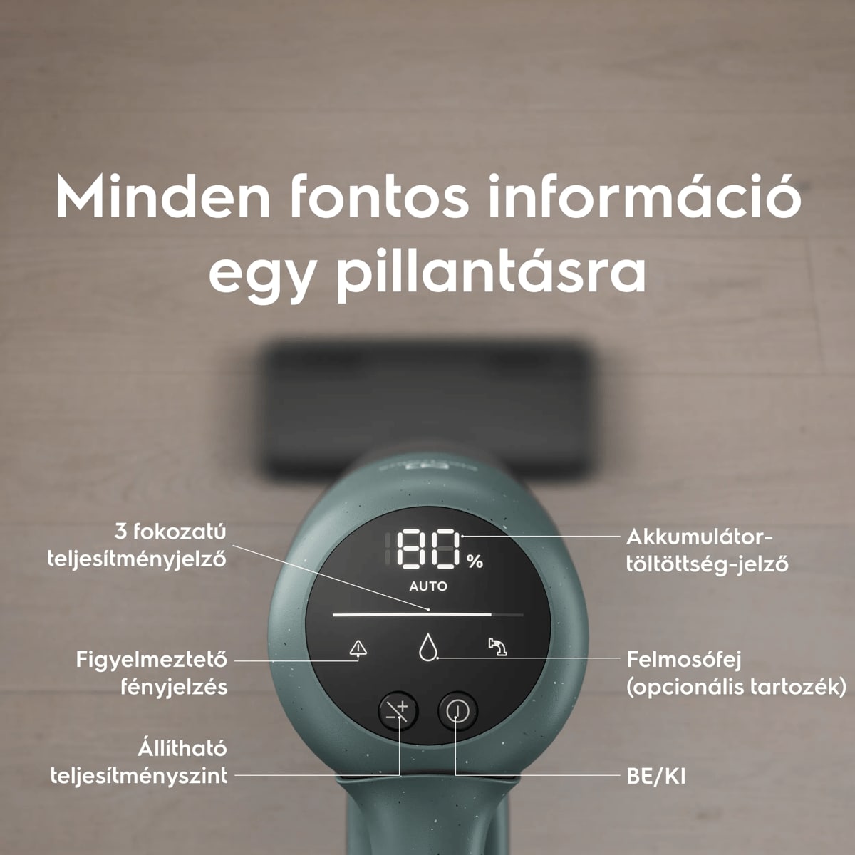 Minden fontos információ egy pillantásra       3 fokozatú teljesítményjelző Figyelmeztető fényjelzés  Állítható teljesítményszint Akkumulátortöltöttség-jelző Felmosófej (opcionális tartozék) BE/KI
