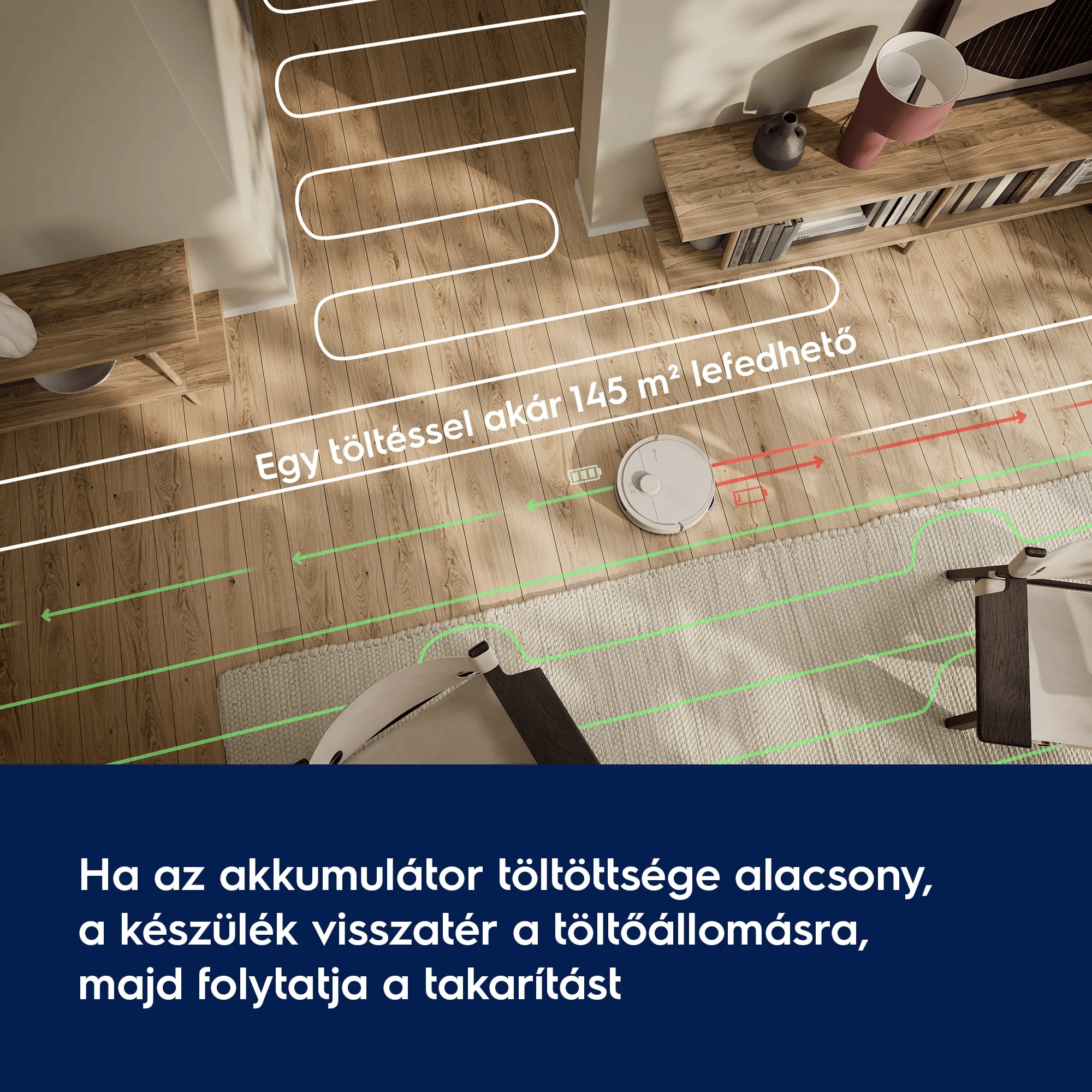 Ha az akkumulátor töltöttsége alacsony, a készülék visszatér a töltőállomásra, majd folytatja a takarítást   Egy töltéssel akár 145 m² lefedhető