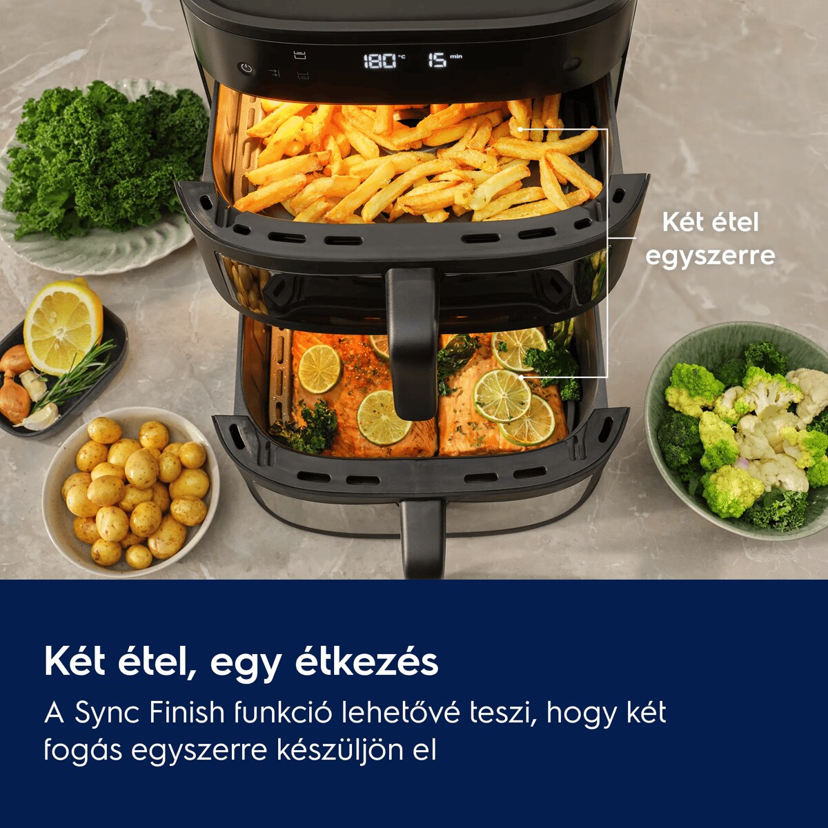 Két étel, egy étkezés A Sync Finish funkció lehetővé teszi, hogy két fogás egyszerre készüljön el  Két étel egyszerre
