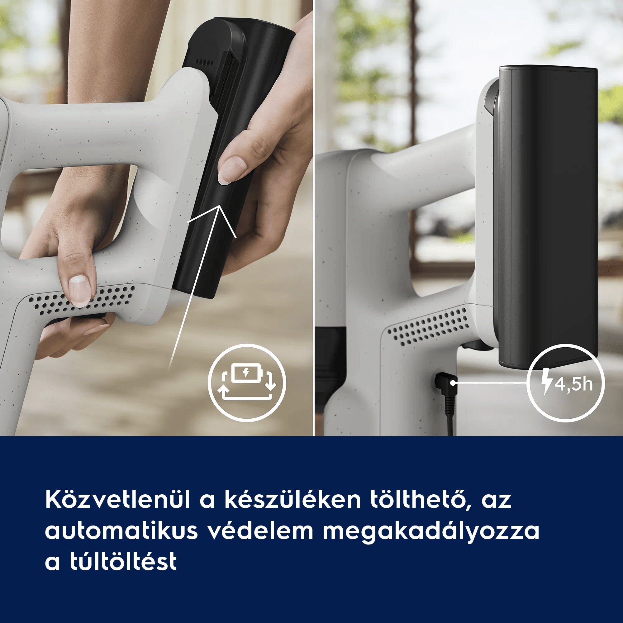 Közvetlenül a készüléken tölthető, az automatikus védelem megakadályozza a túltöltést