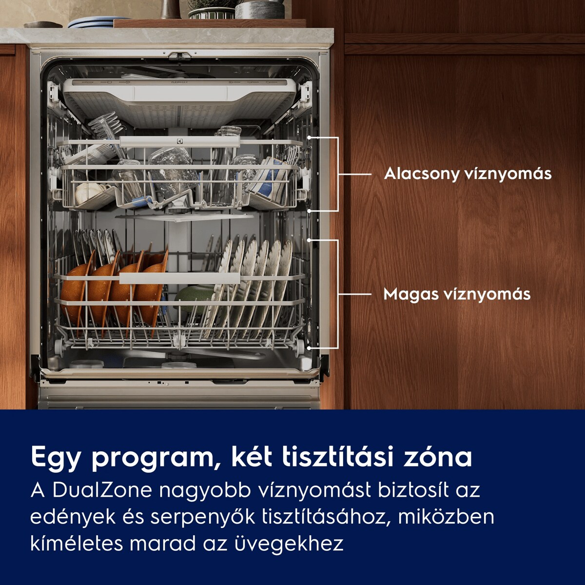 Egy program, két tisztítási zóna A DualZone nagyobb víznyomást biztosít az edények és serpenyők tisztításához, miközben kíméletes marad az üvegekhez.     Alacsony víznyomás Magas víznyomás