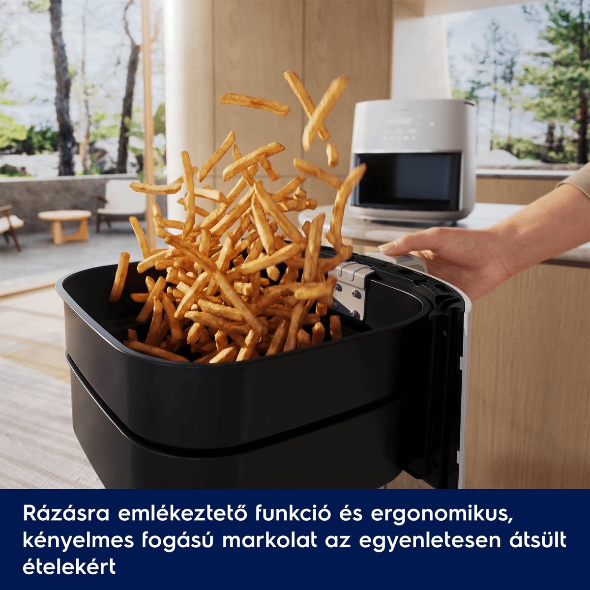 Rázásra emlékeztető funkció és ergonomikus, kényelmes fogású markolat az egyenletesen átsült ételekért