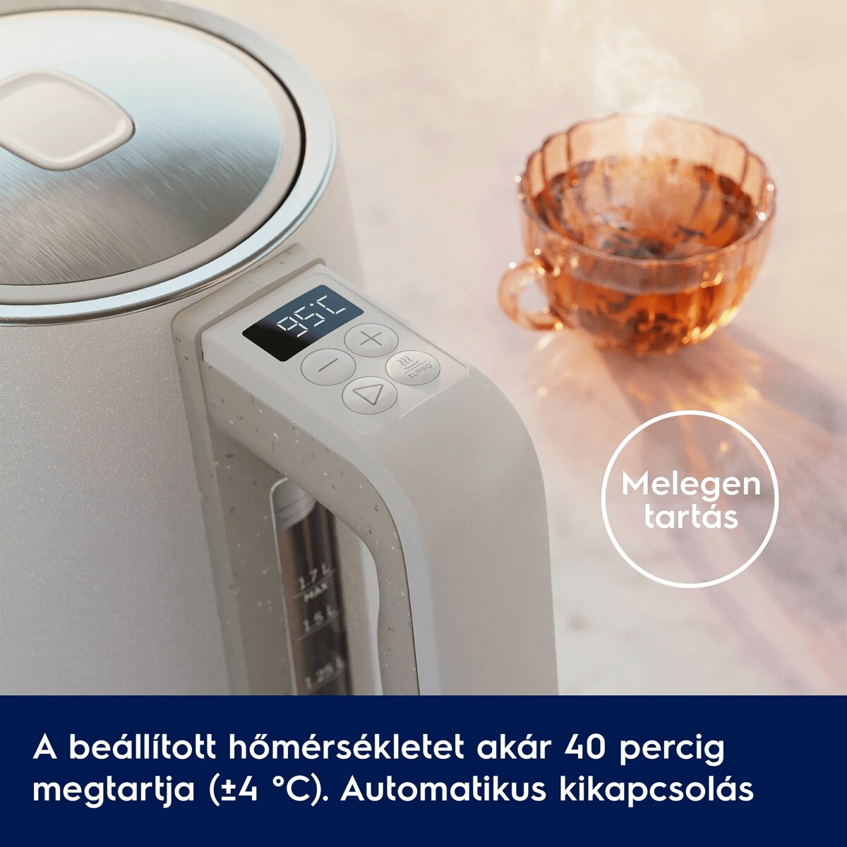 A beállított hőmérsékletet akár 40 percig megtartja (±4 °C). Automatikus kikapcsolás.      Melegen tartás