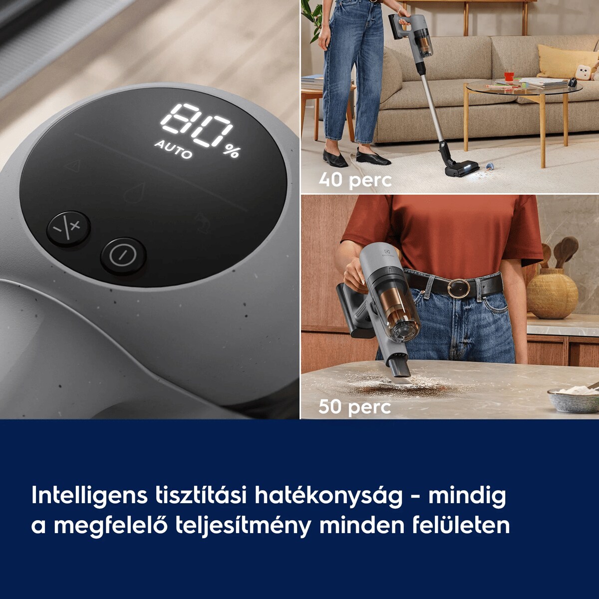 Intelligens tisztítási hatékonyság - mindig a megfelelő teljesítmény minden felületen   40 perc 50 perc