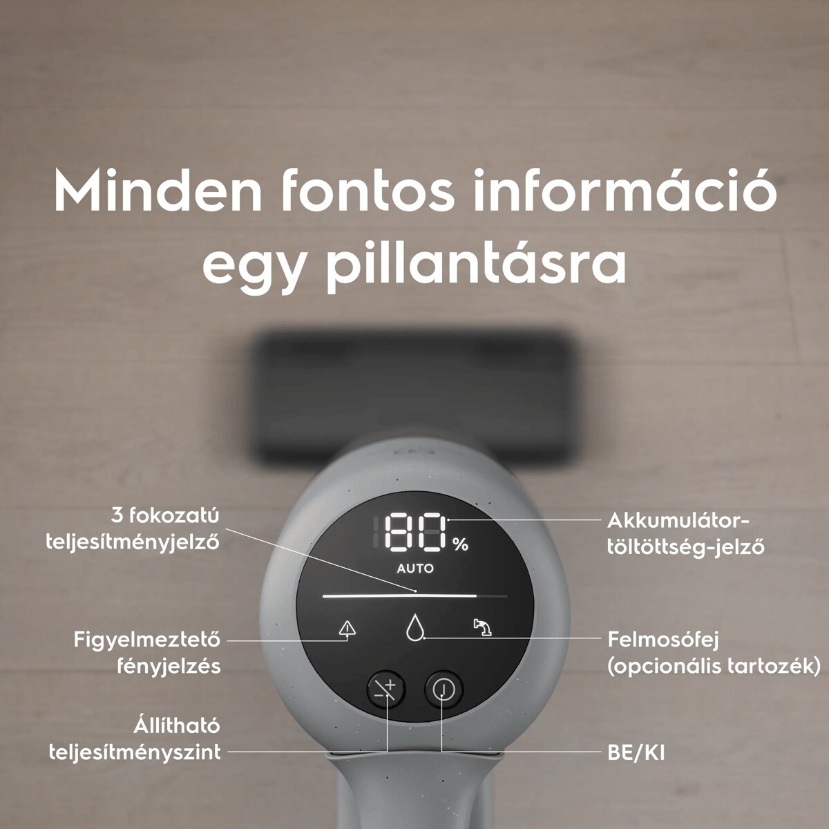 Minden fontos információ egy pillantásra       3 fokozatú teljesítményjelző Figyelmeztető fényjelzés  Állítható teljesítményszint Akkumulátortöltöttség-jelző Felmosófej (opcionális tartozék) BE/KI