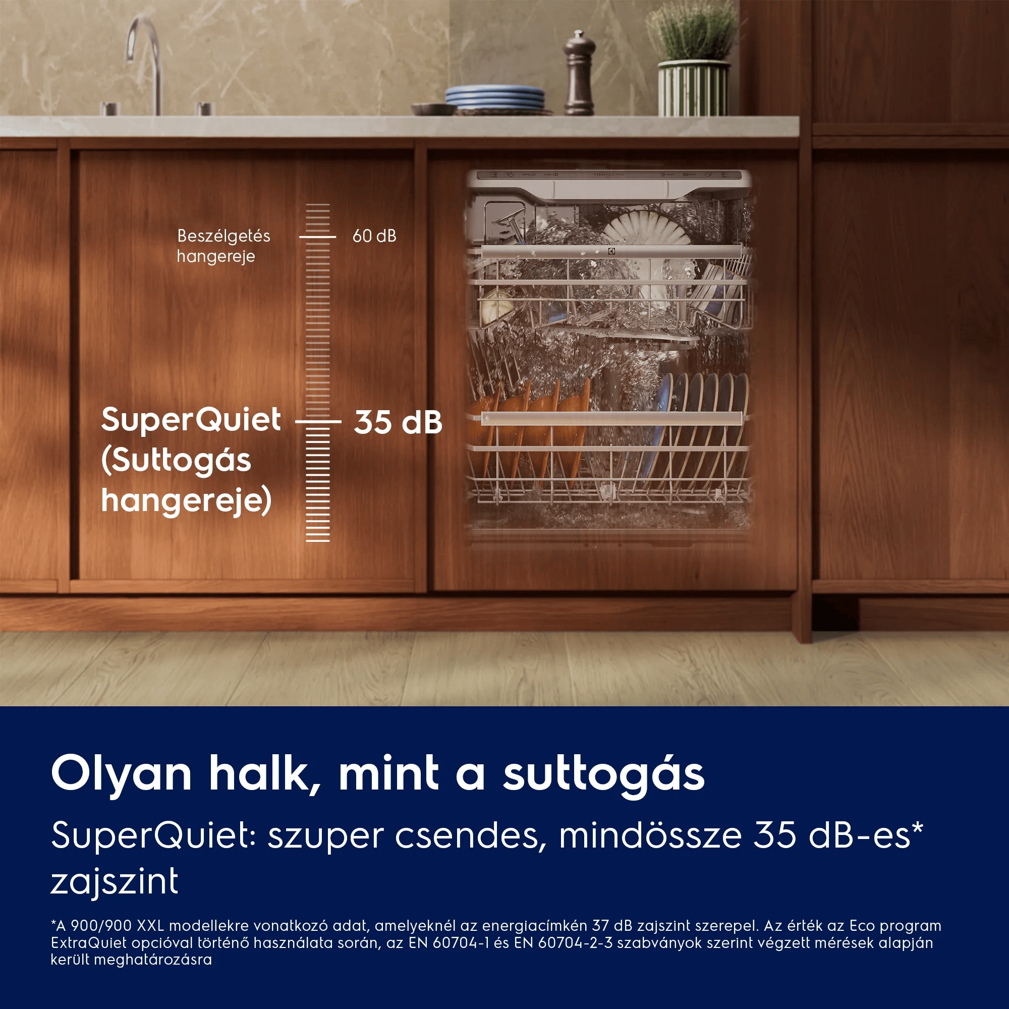 Suttogóan halk, hatékony tisztítás SuperQuiet: szuper csendes, csupán 35 dB-es* hangkibocsátás    *A 900/900 XXL modellekre vonatkozó adat, amelyeknél az energiacímkén 37 dB zajszint szerepel. Az érték az Eco program ExtraQuiet opcióval történő használata során, az EN 60704-1 és EN 60704-2-3 szabványok szerint végzett mérések alapján került meghatározásra Beszélgetés hangereje SuperQuiet (Suttogás hangereje)