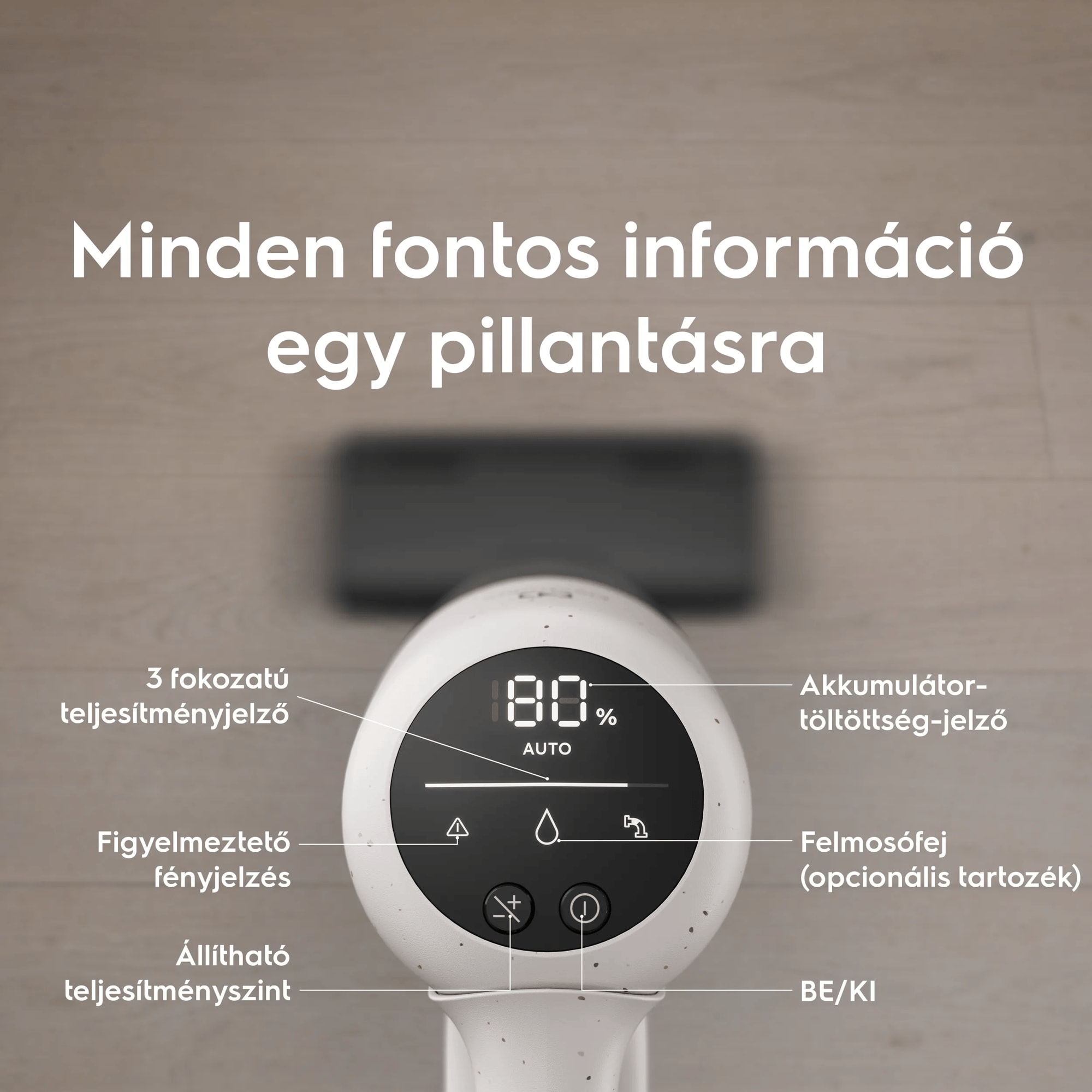 Minden fontos információ egy pillantásra       3 fokozatú teljesítményjelző Figyelmeztető fényjelzés  Állítható teljesítményszint Akkumulátortöltöttség-jelző Felmosófej (opcionális tartozék) BE/KI