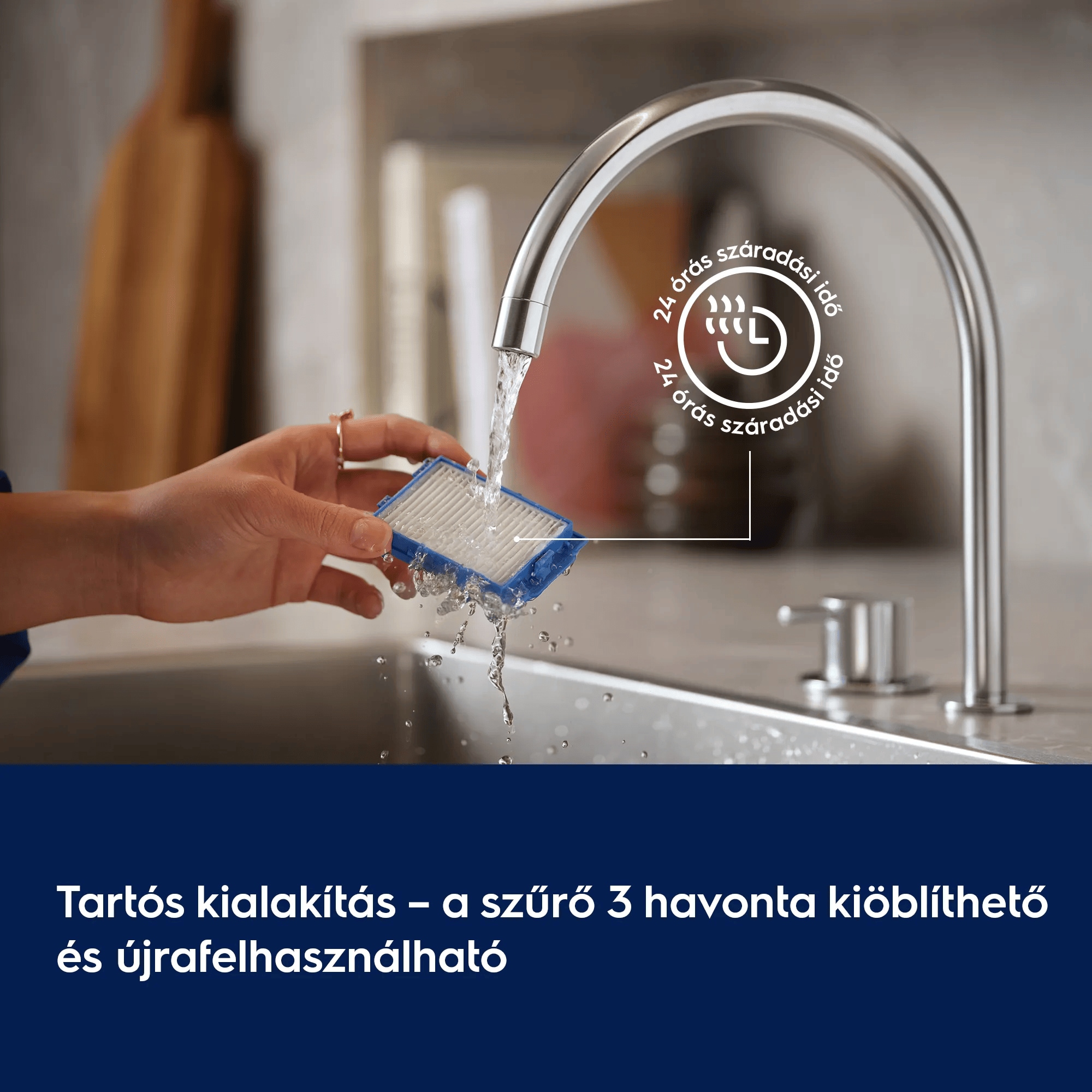 Tartós kialakítás – a szűrő 3 havonta kiöblíthető és újrafelhasználható   24 órás száradási idő 24 órás száradási idő