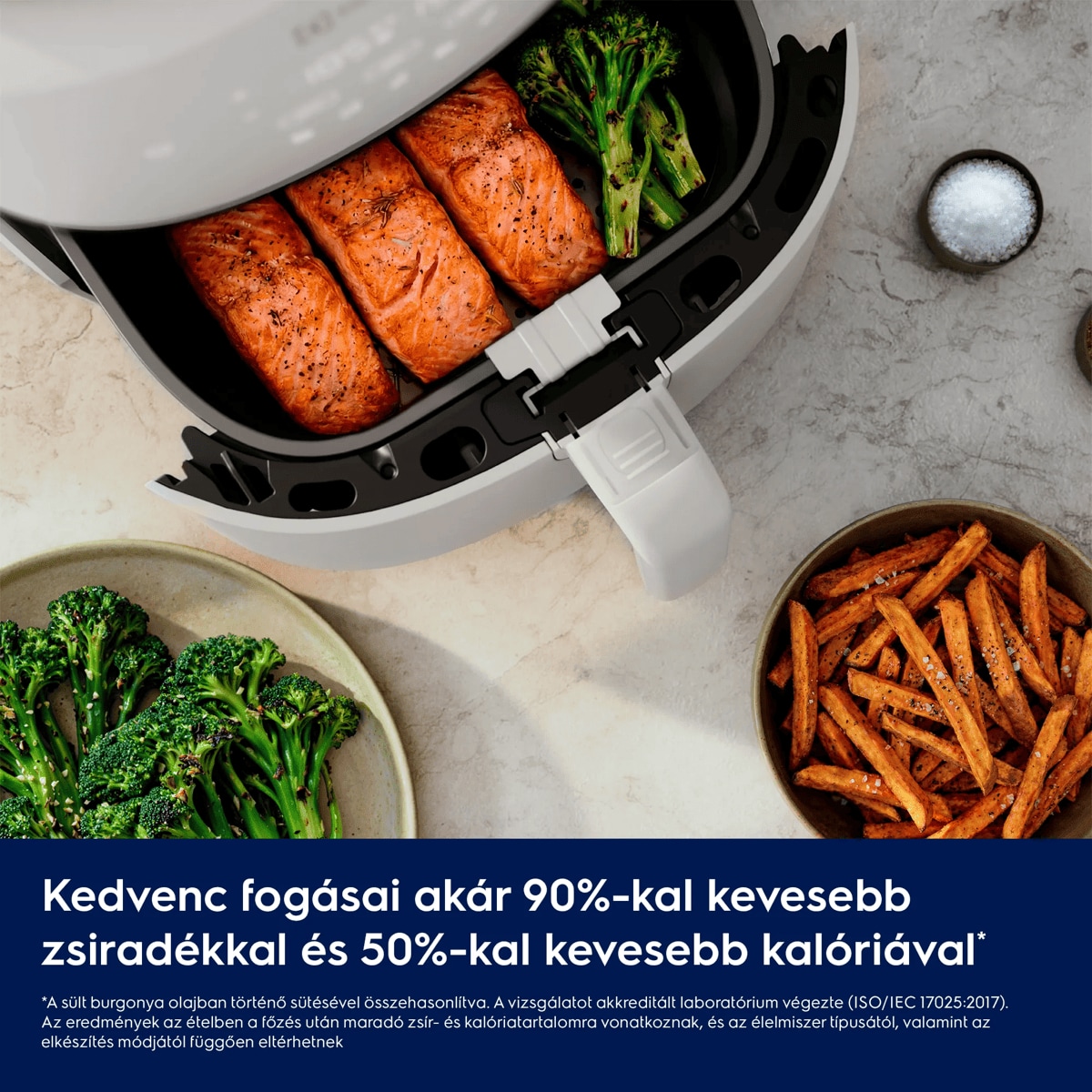Kedvenc fogásai akár 90%-kal kevesebb zsiradékkal és 50%-kal kevesebb kalóriával*      *A sült burgonya olajban történő sütésével összehasonlítva. A vizsgálatot akkreditált laboratórium végezte (ISO/IEC 17025:2017). Az eredmények az ételben a főzés után maradó zsír- és kalóriatartalomra vonatkoznak, és az élelmiszer típusától, valamint az elkészítés módjától függően eltérhetnek.