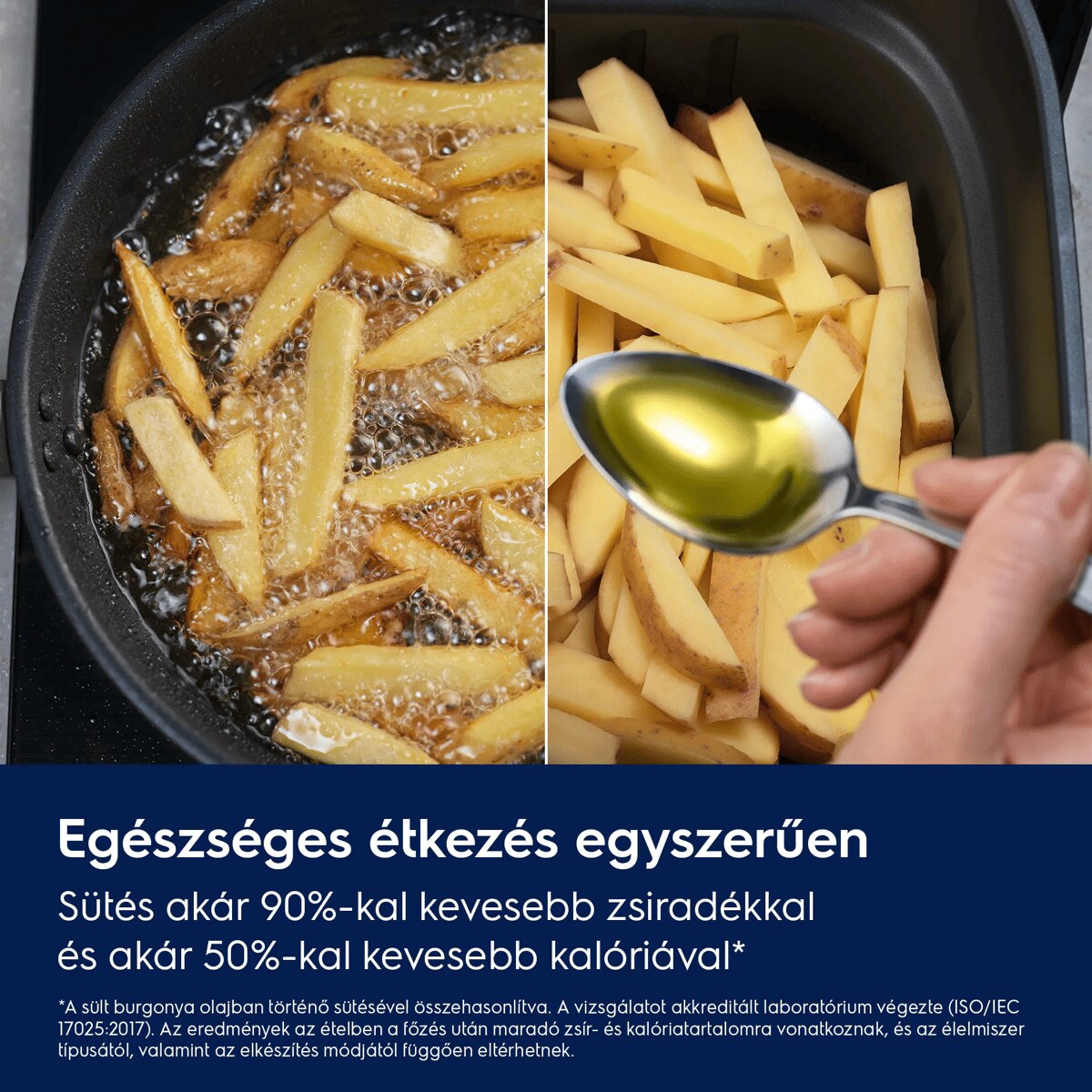 Egészséges étkezés egyszerűen Sütés akár 90%-kal kevesebb zsiradékkal és akár 50%-kal kevesebb kalóriával* *A sült burgonya olajban történő sütésével összehasonlítva. A vizsgálatot akkreditált laboratórium végezte (ISO/IEC 17025:2017). Az eredmények az ételben a főzés után maradó zsír- és kalóriatartalomra vonatkoznak, és az élelmiszer típusától, valamint az elkészítés módjától függően eltérhetnek.