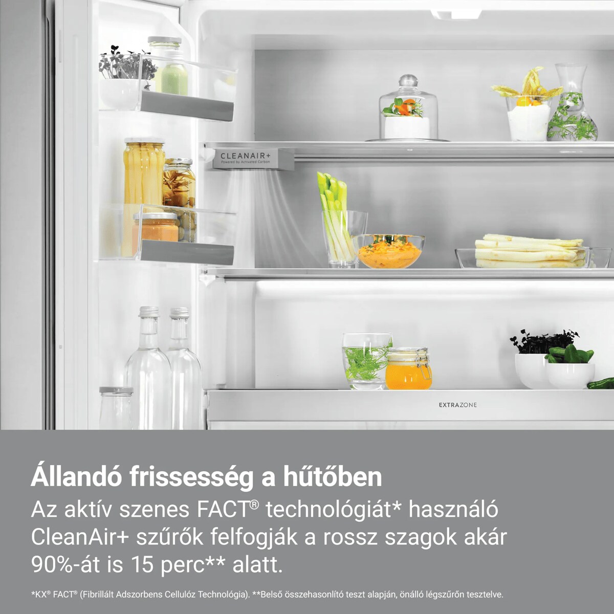 Állandó frissesség a hűtőben Az aktív szenes FACT® technológiát* használó CleanAir+ szűrők felfogják a rossz szagok akár 90%-át is 15 perc** alatt. *KX® FACT® (Fibrillált Adszorbens Cellulóz Technológia). Belső összehasonlító teszt önálló légszűrőn, a vállalat saját tesztelési módszere alapján.