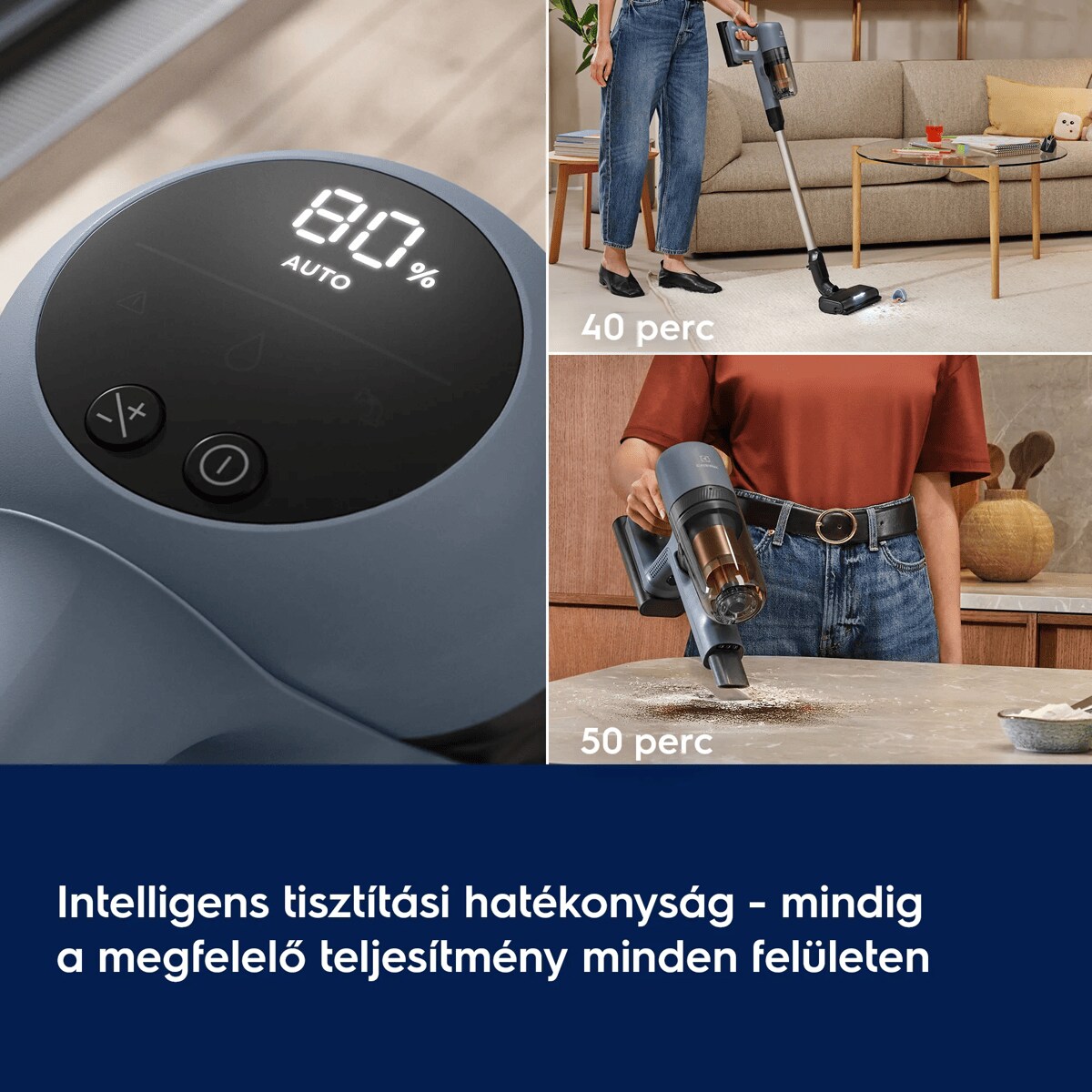 Intelligens tisztítási hatékonyság - mindig a megfelelő teljesítmény minden felületen   40 perc 50 perc
