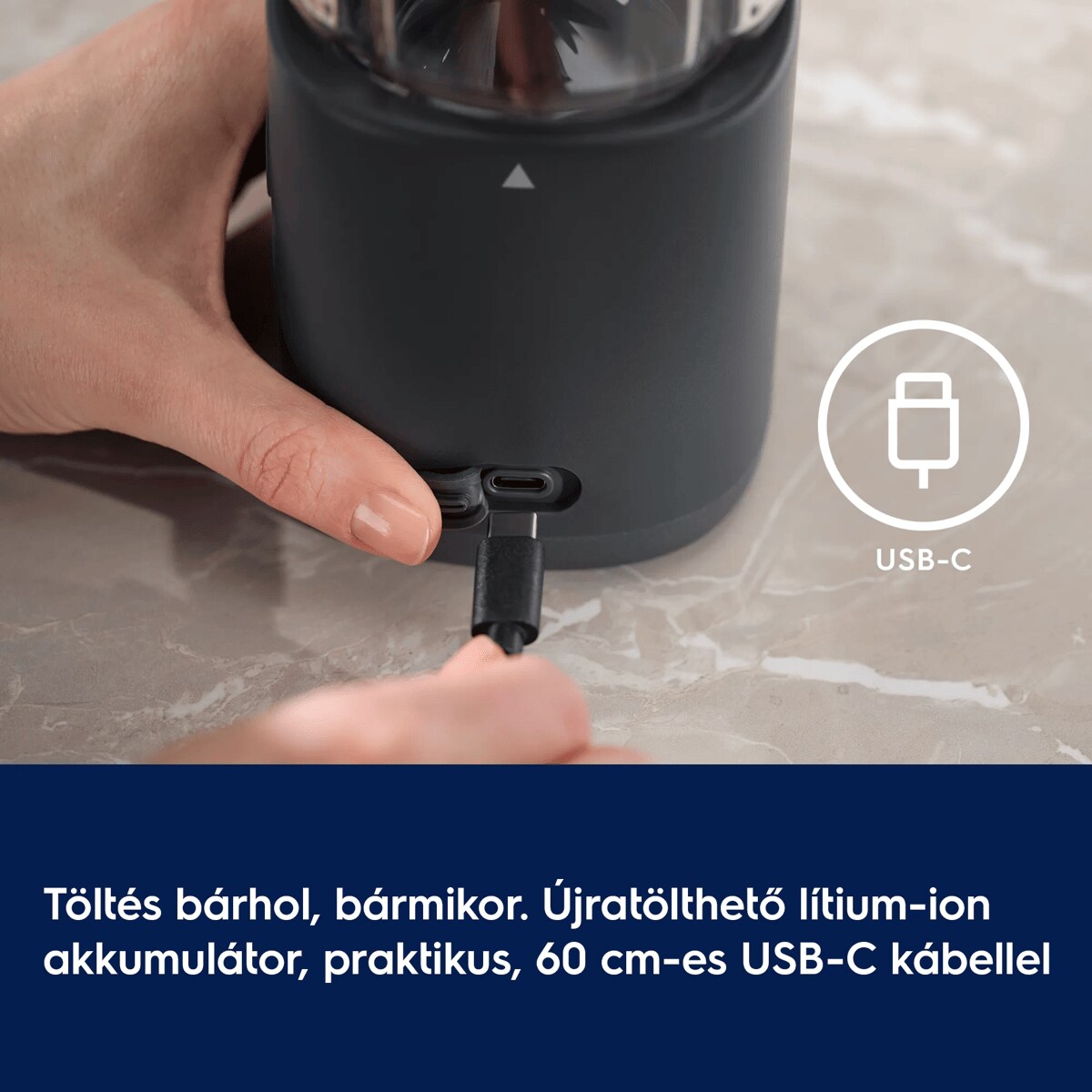 Töltés bárhol, bármikor. Újratölthető lítium-ion akkumulátor, praktikus, 60 cm-es USB-C kábellel