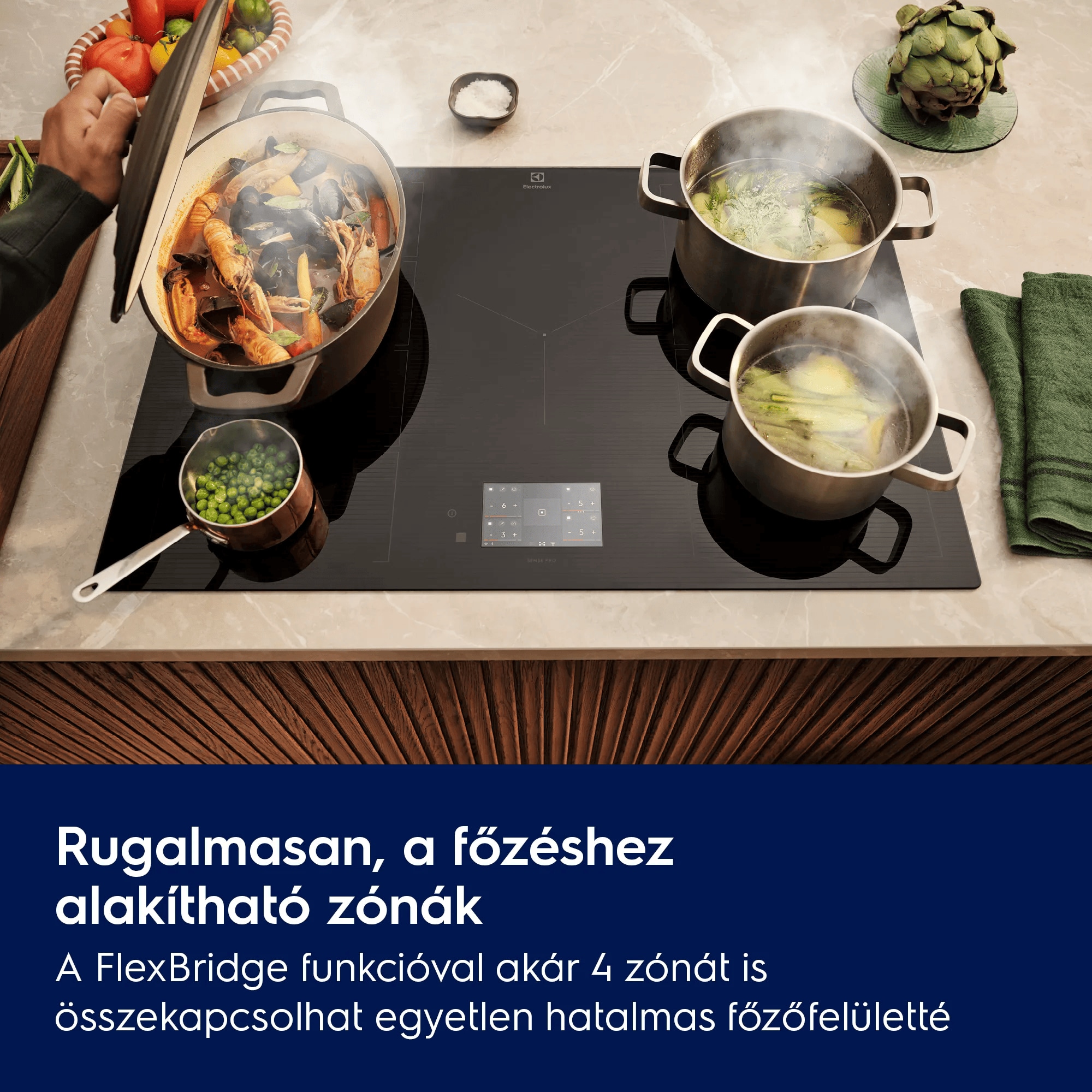 Rugalmasan, a főzéshez alakítható zónák A FlexBridge funkcióval akár 4 zónát is összekapcsolhat egyetlen hatalmas főzőfelületté