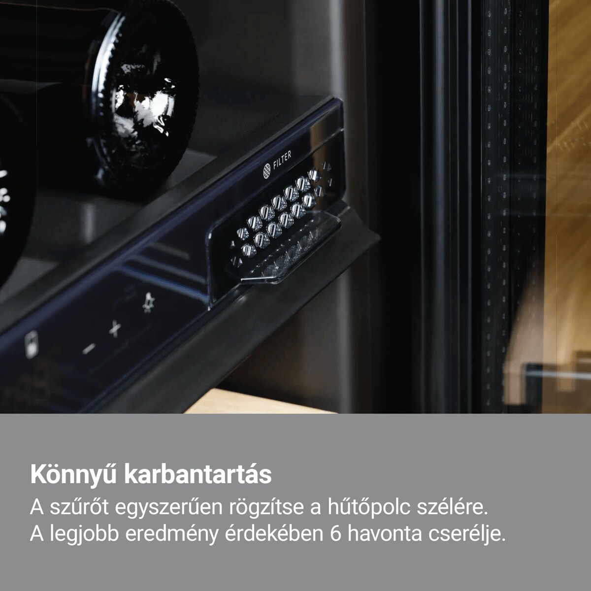 Könnyű karbantartás Egyszerűen rögzítse a hűtőpolc szélére. A legjobb eredmény érdekében cserélje a szűrőt 6 havonta
