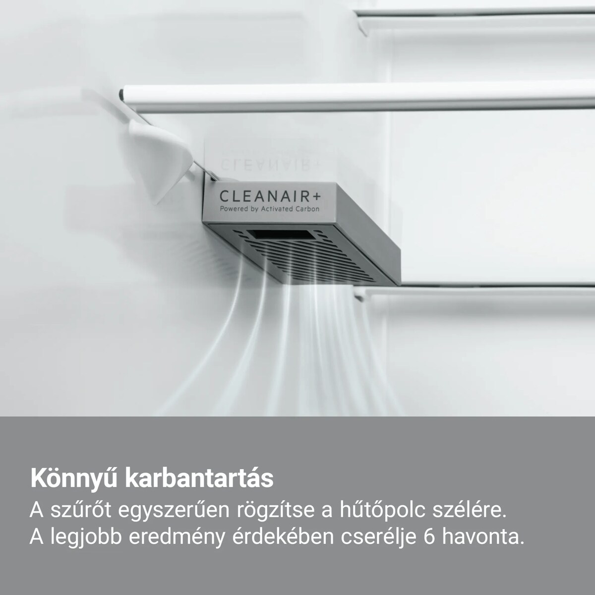 Könnyű karbantartás Egyszerűen rögzítse a hűtőpolc szélére. A legjobb eredmény érdekében cserélje a szűrőt 6 havonta