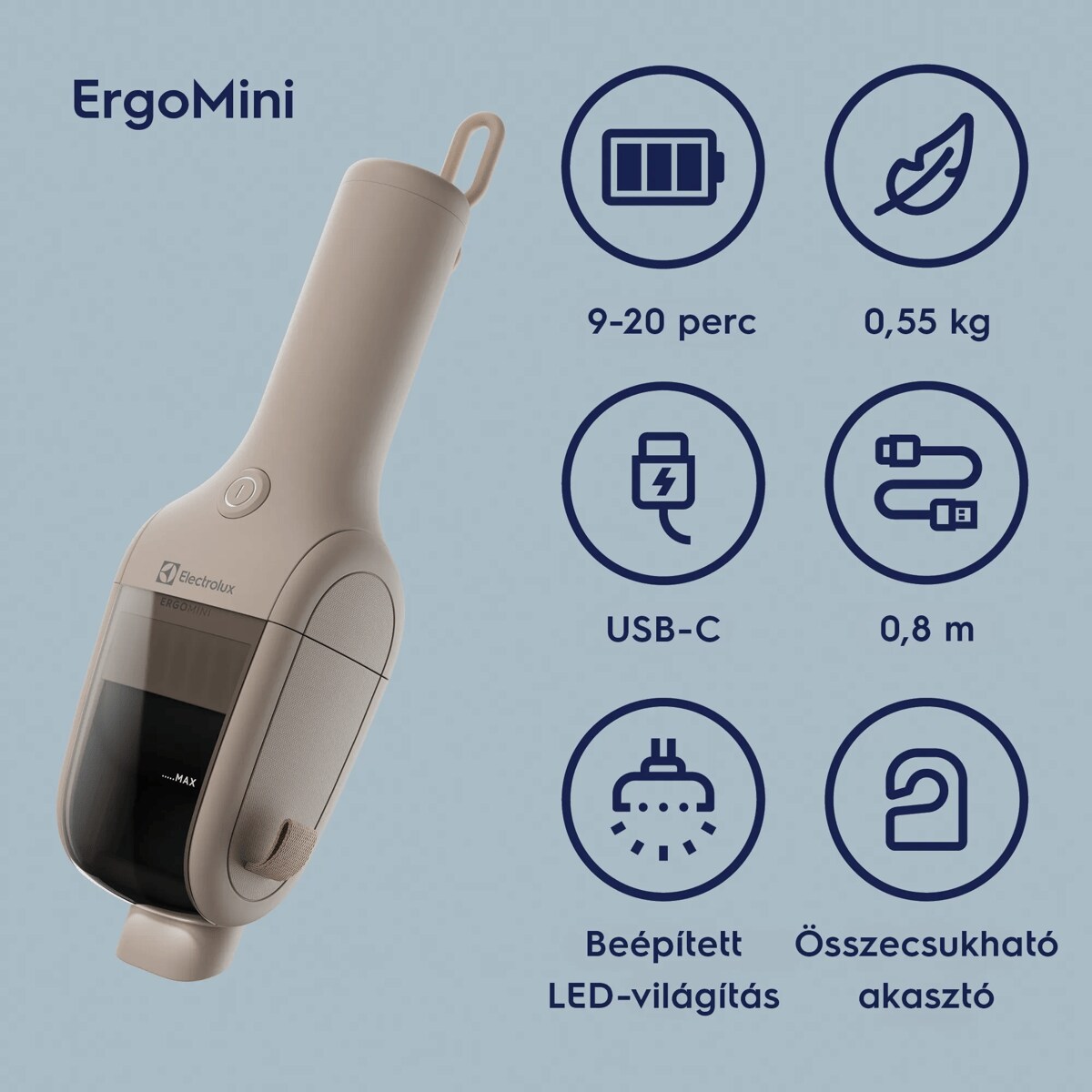 9-20 perc 0,55 kg USB-C 0,8 m Beépített LED-világítás Összecsukható akasztó