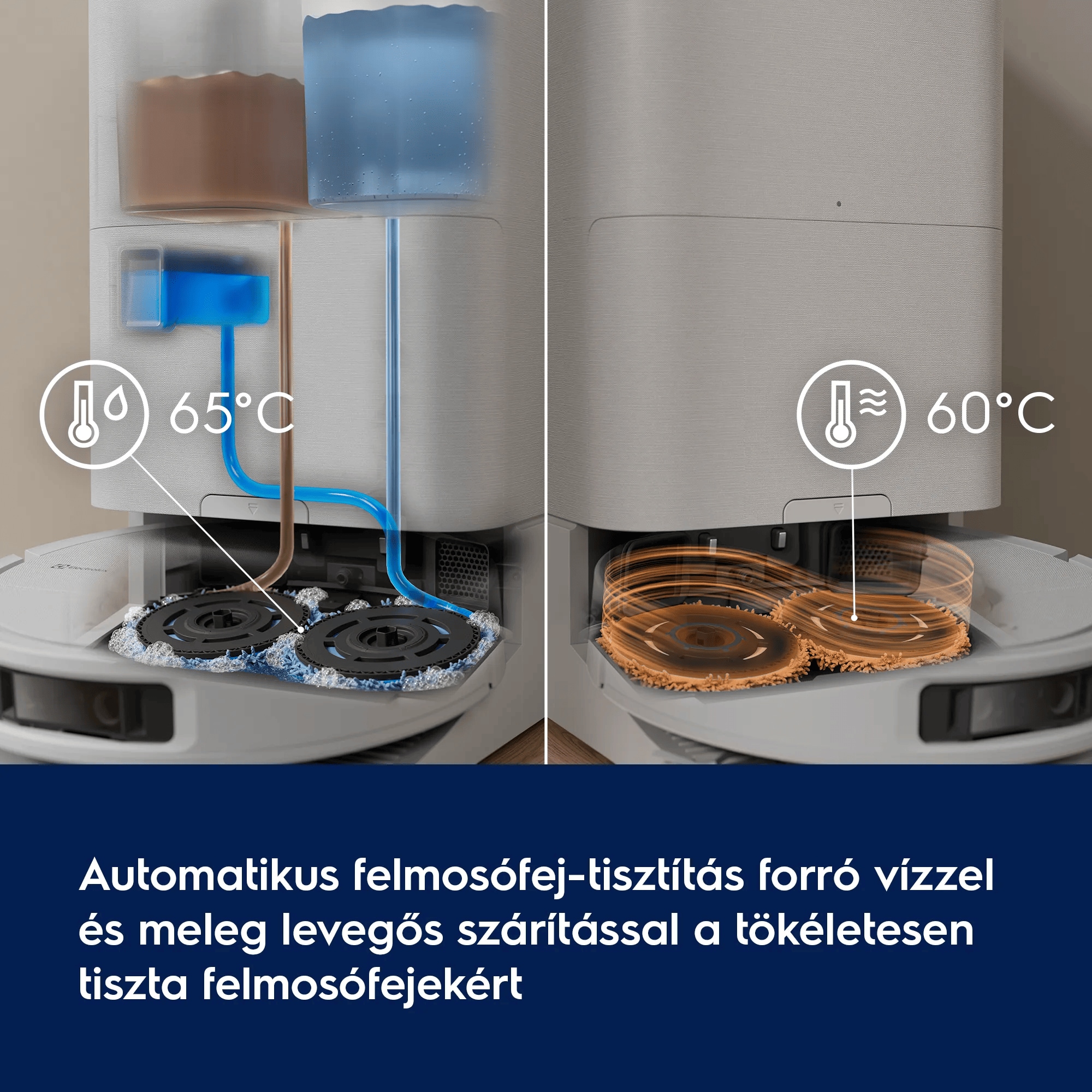 Automatikus felmosófej-tisztítás forró vízzel és meleg levegős szárítással a tökéletesen tiszta felmosófejekért