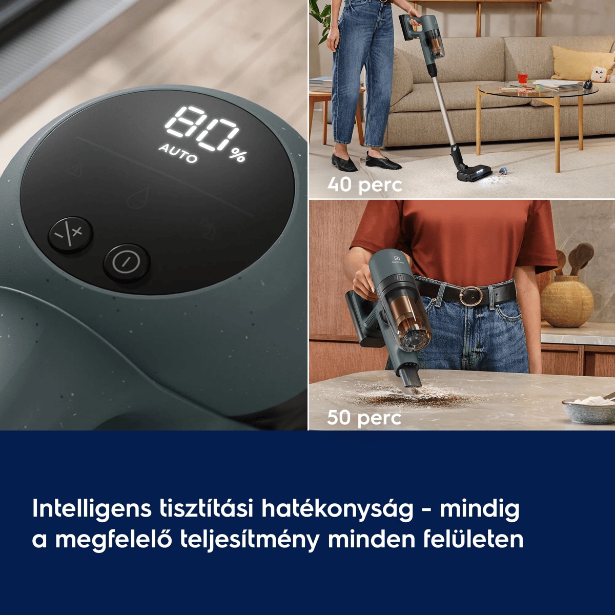 Intelligens tisztítási hatékonyság - mindig a megfelelő teljesítmény minden felületen   40 perc 50 perc