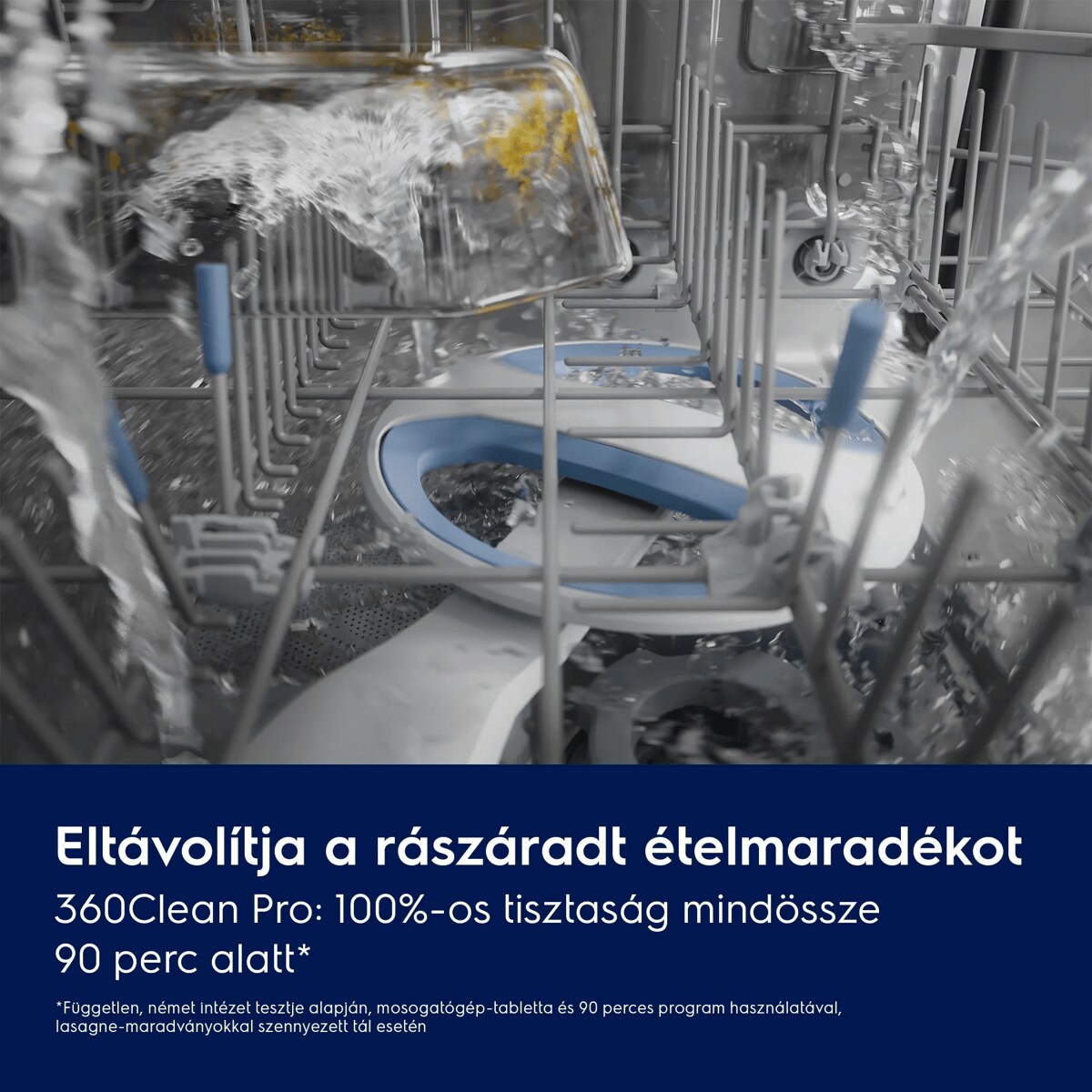 Eltávolítja a rászáradt ételmaradékokat 360Clean Pro: 100%-os tisztaság mindössze 90 perc alatt*    *Független német intézet tesztje alapján, mosogatógép-tabletta és 90 perces program használatával, lasagne-maradványokkal szennyezett tál esetén