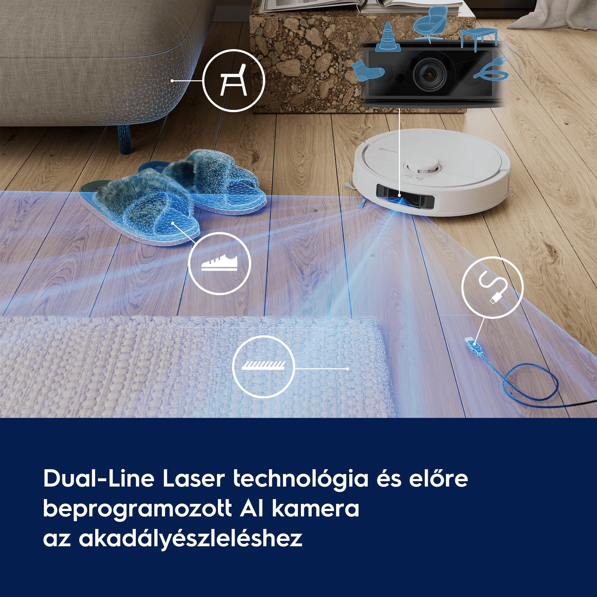 Dual-Line Laser technológia és előre beprogramozott AI kamera az akadályészleléshez