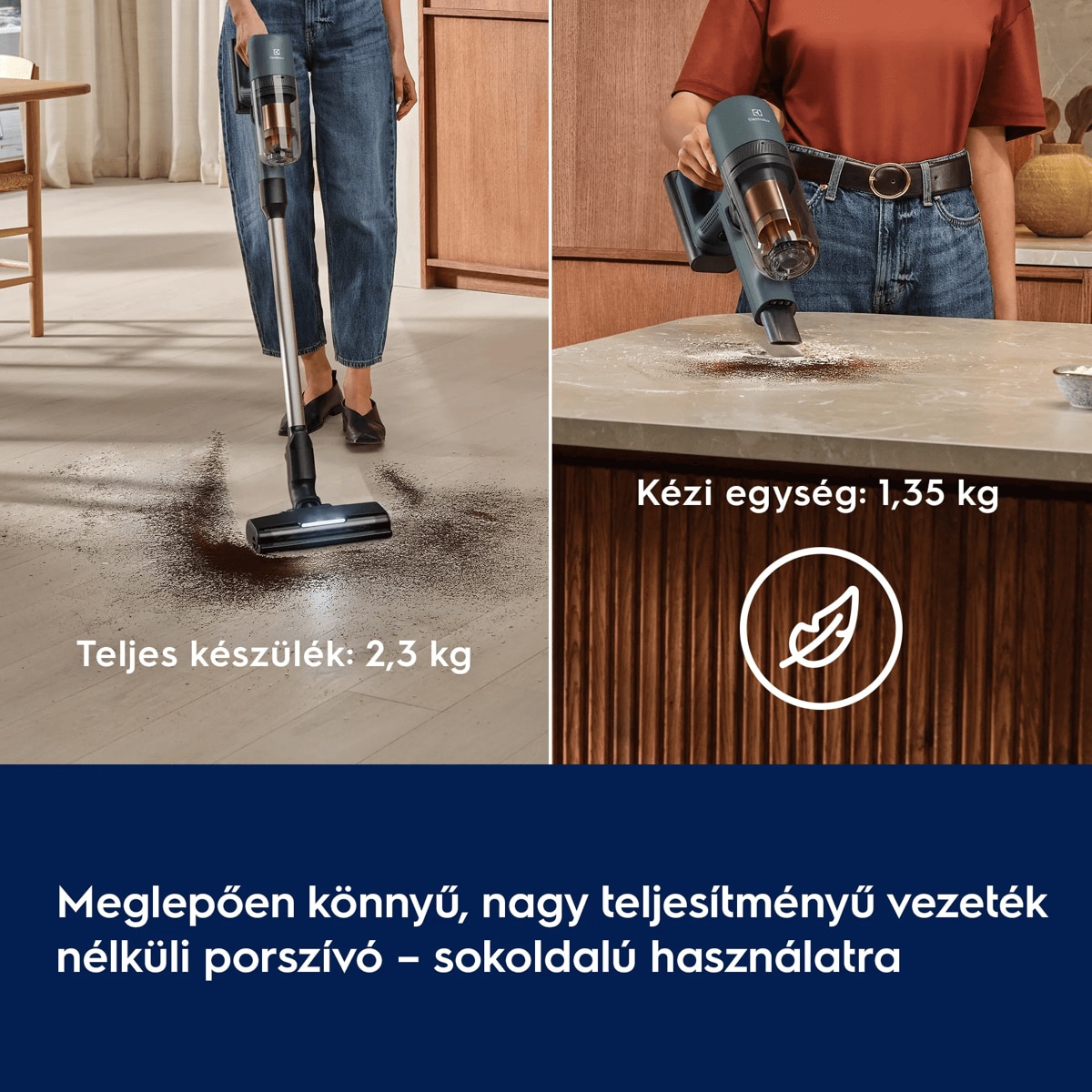 Meglepően könnyű, nagy teljesítményű vezeték nélküli porszívó – sokoldalú használatra        Teljes készülék: 2,3 kg   Kézi egység: 1,35 kg