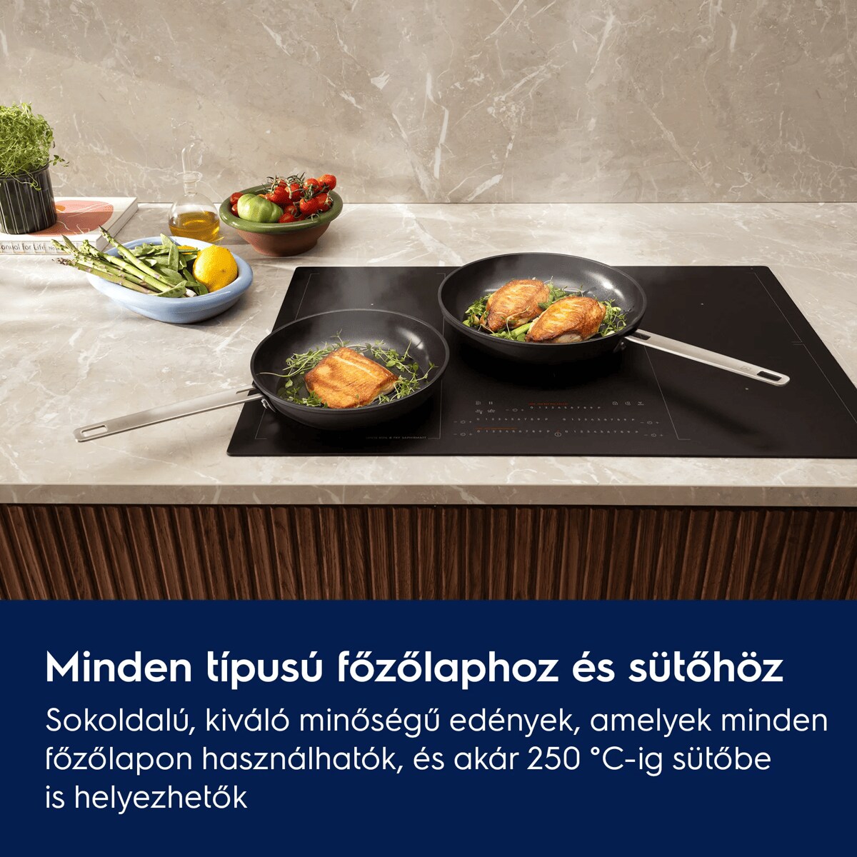Minden típusú főzőlaphoz és sütőhöz Sokoldalú, kiváló minőségű edények, amelyek minden főzőlapon használhatók, és akár 250 °C-ig sütőben is használhatók.